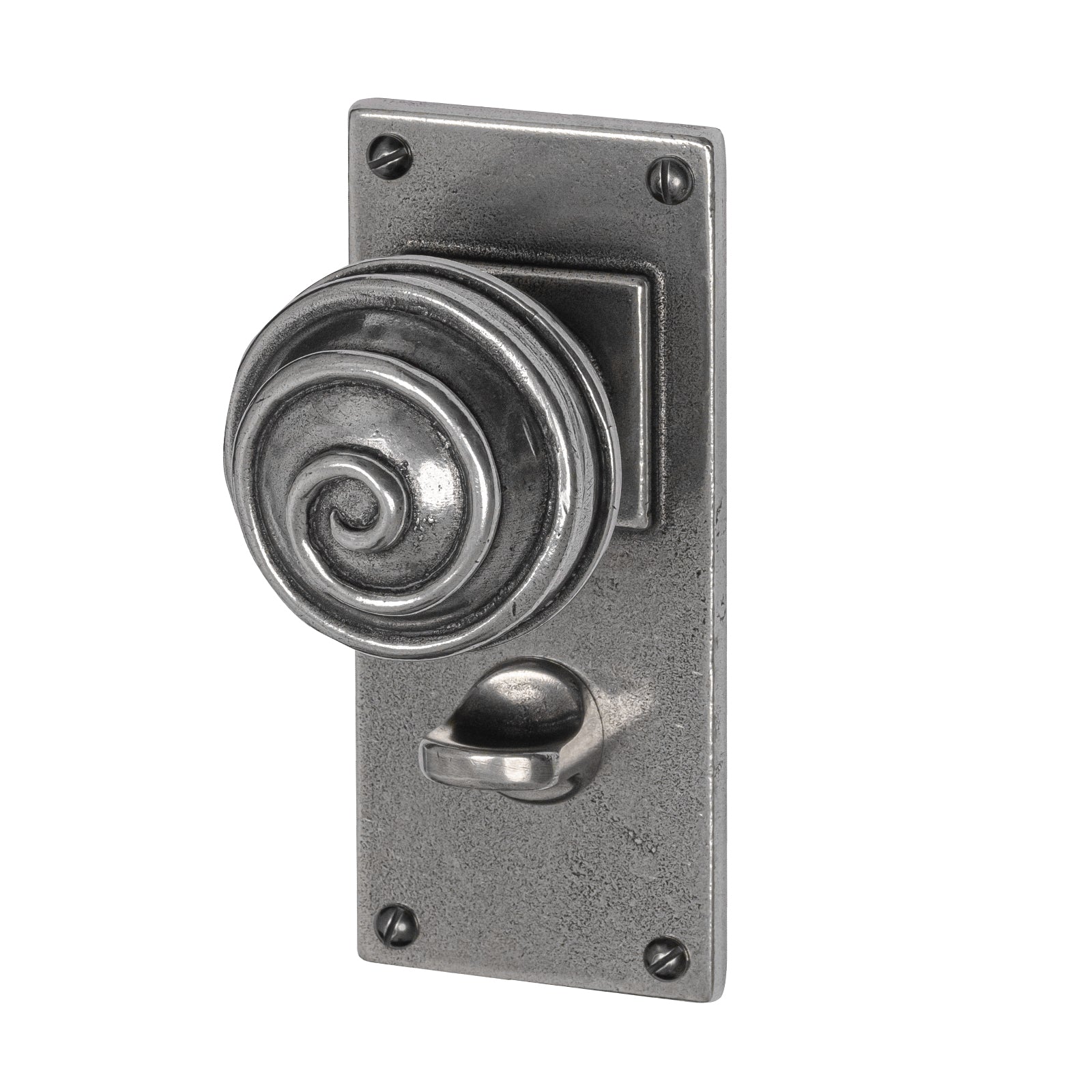 Swirl Pewter Door Knobs On Wide Backplate bathroom