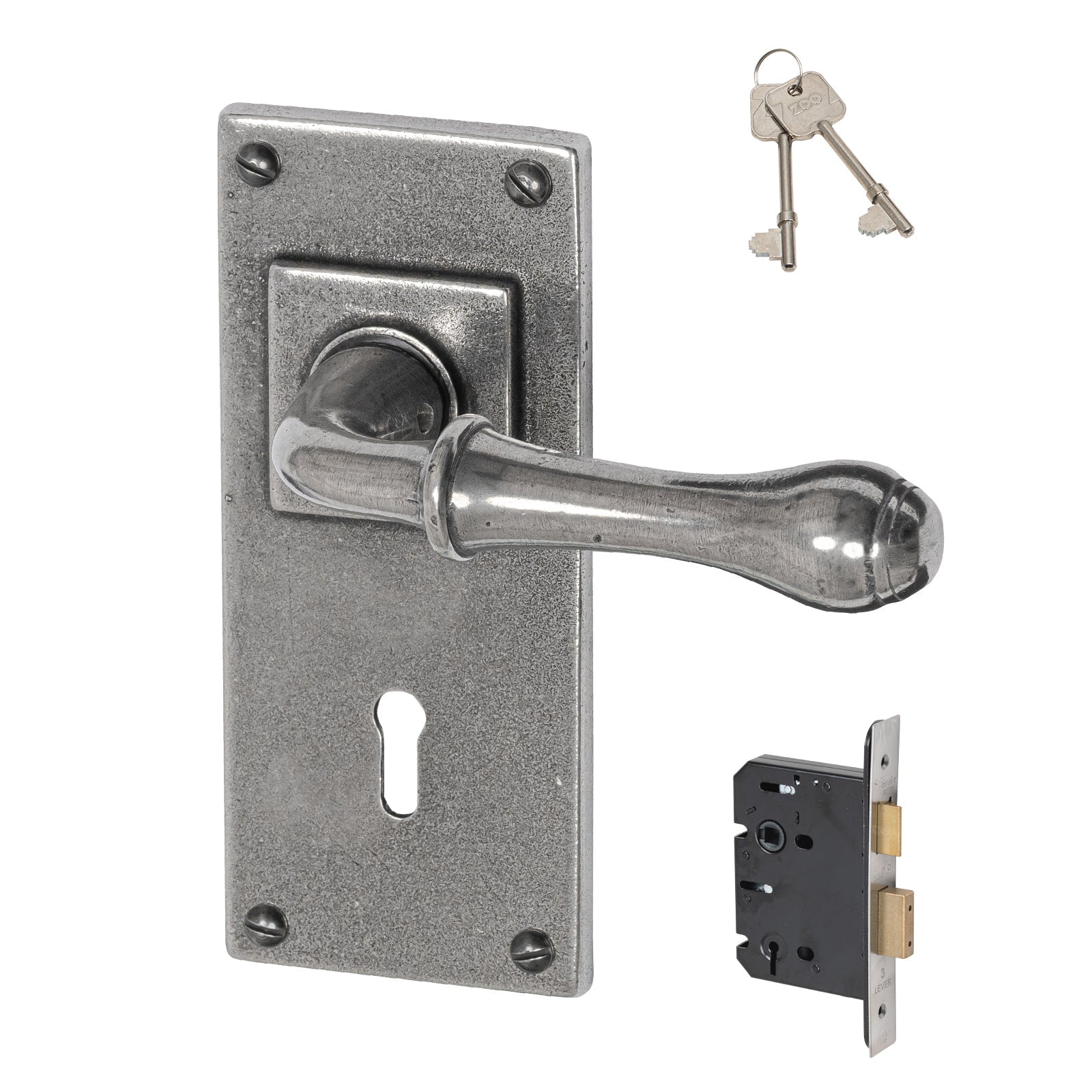 pewter door handles 3 lever lock set