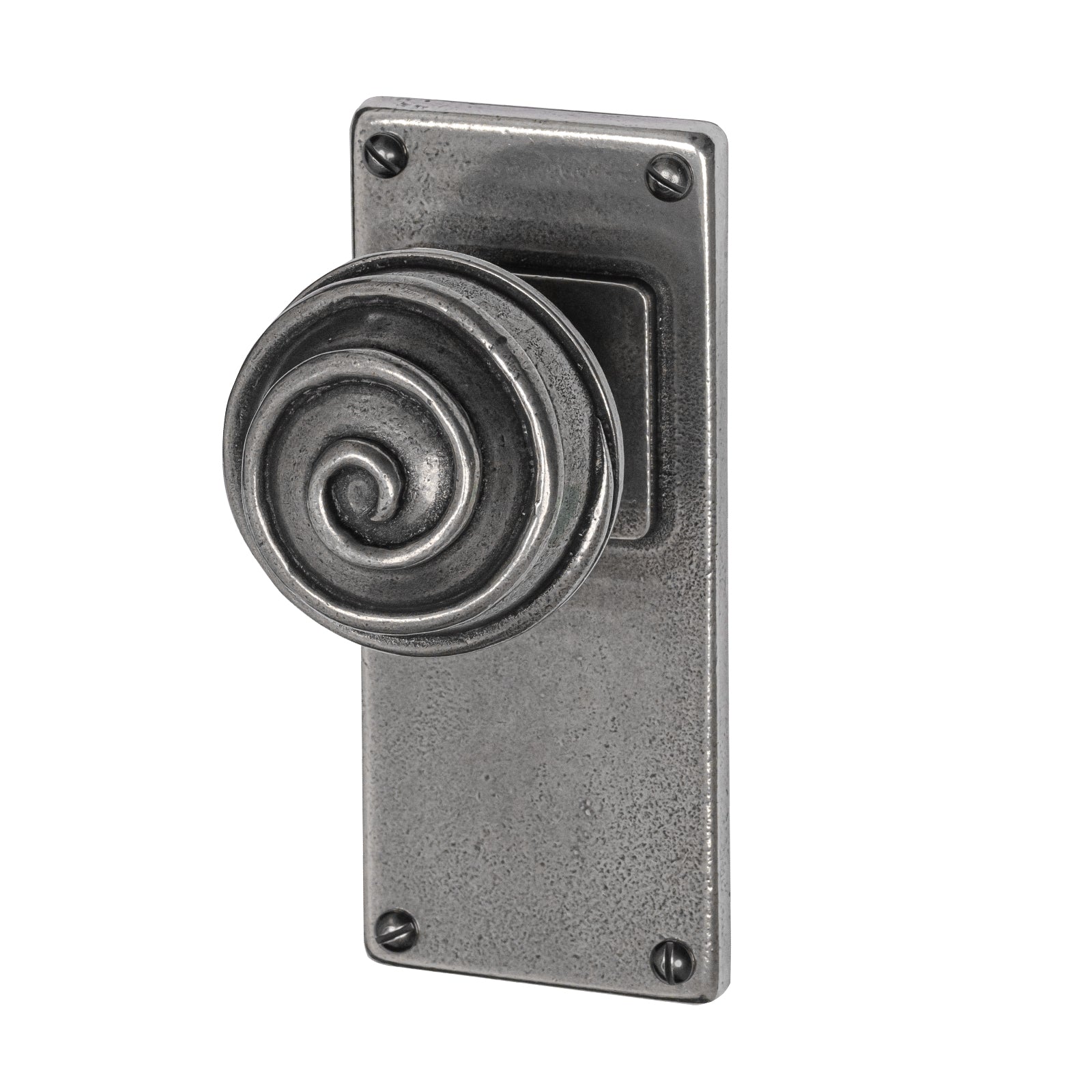 Swirl Pewter Door Knobs On Wide Backplate long latch