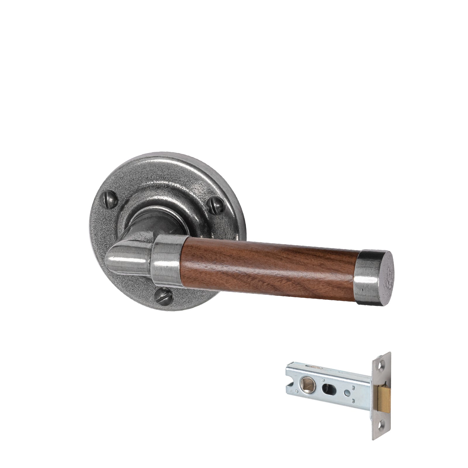 pewter door handles, Finesse pewter, pewter and walnut handles, lever on rose door handles