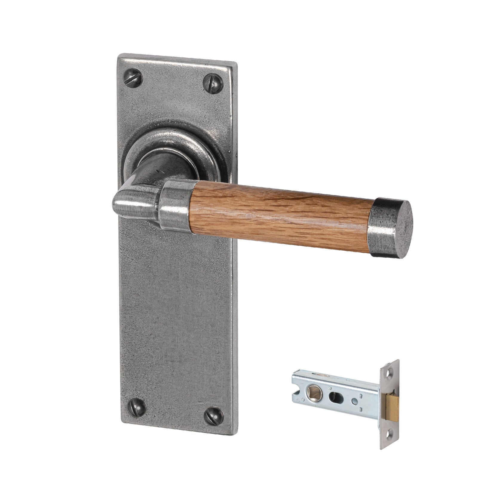 Milton Pewter Door Handles On Narrow Backplate Oak latch set