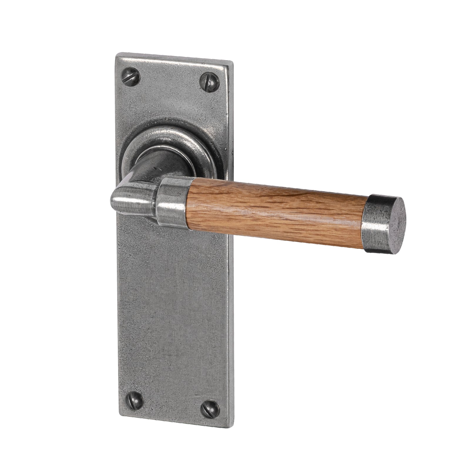 Milton Pewter Door Handles On Narrow Backplate Oak latch