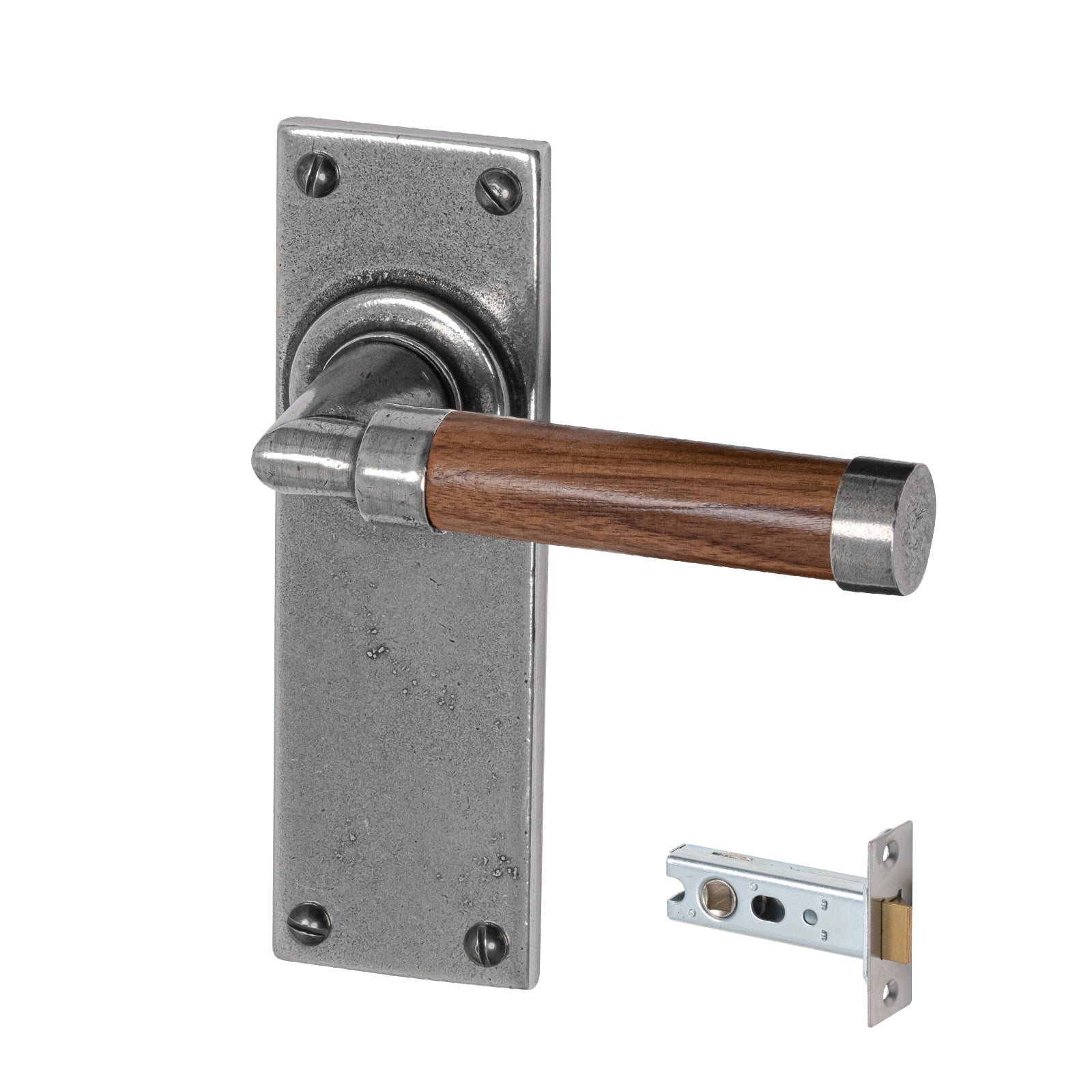 Milton Pewter Door Handles On Narrow Backplate Walnut latch set