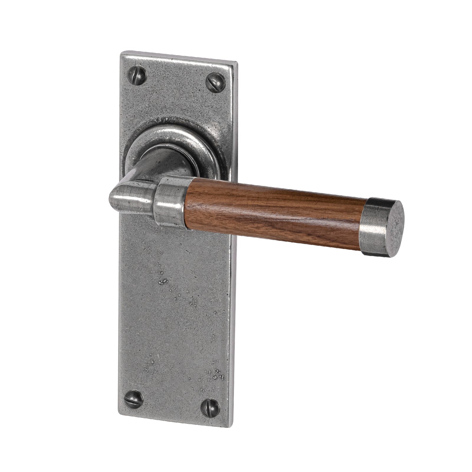 Milton Pewter Door Handles On Narrow Backplate Walnut latch