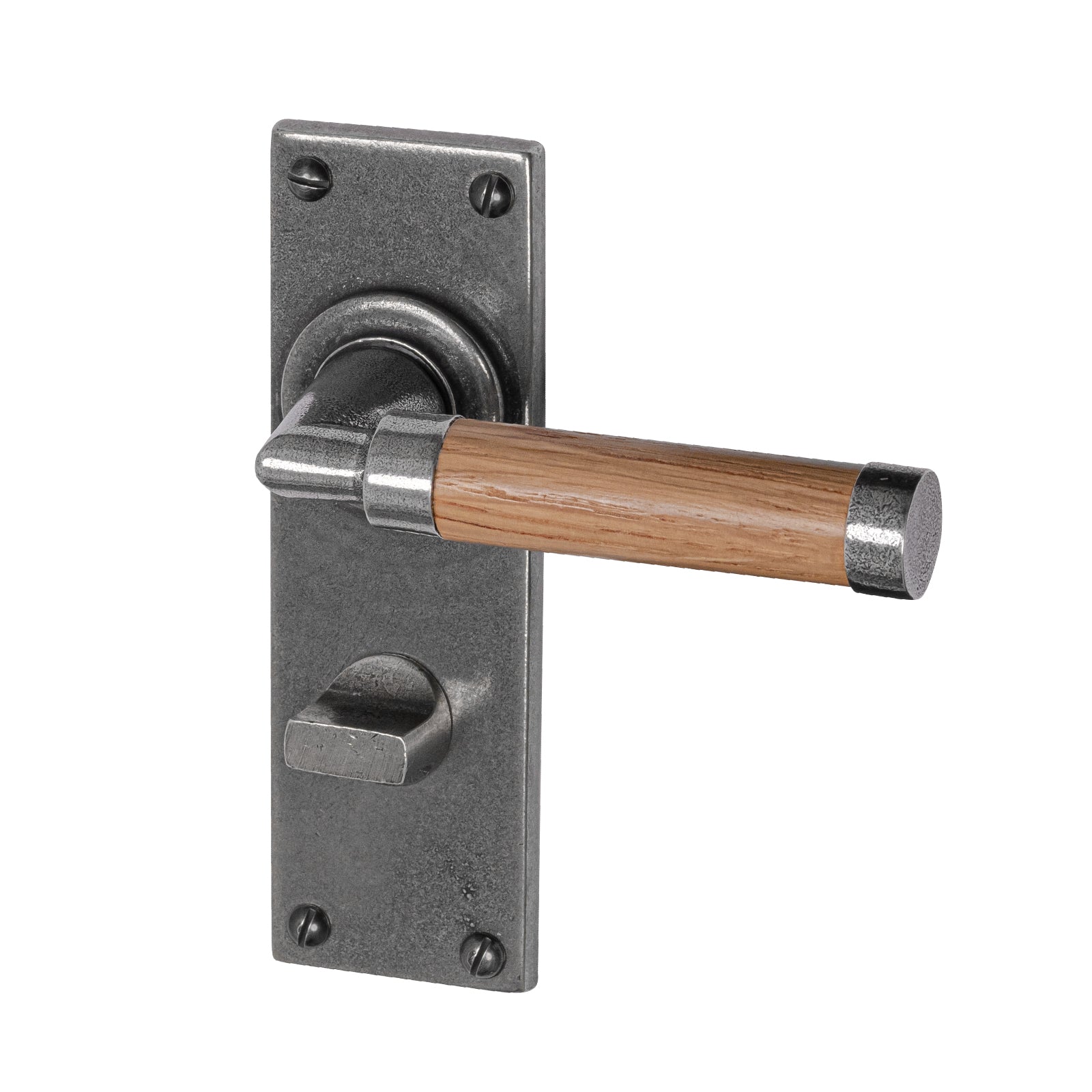 Milton Pewter Door Handles On Narrow Backplate Oak bathroom