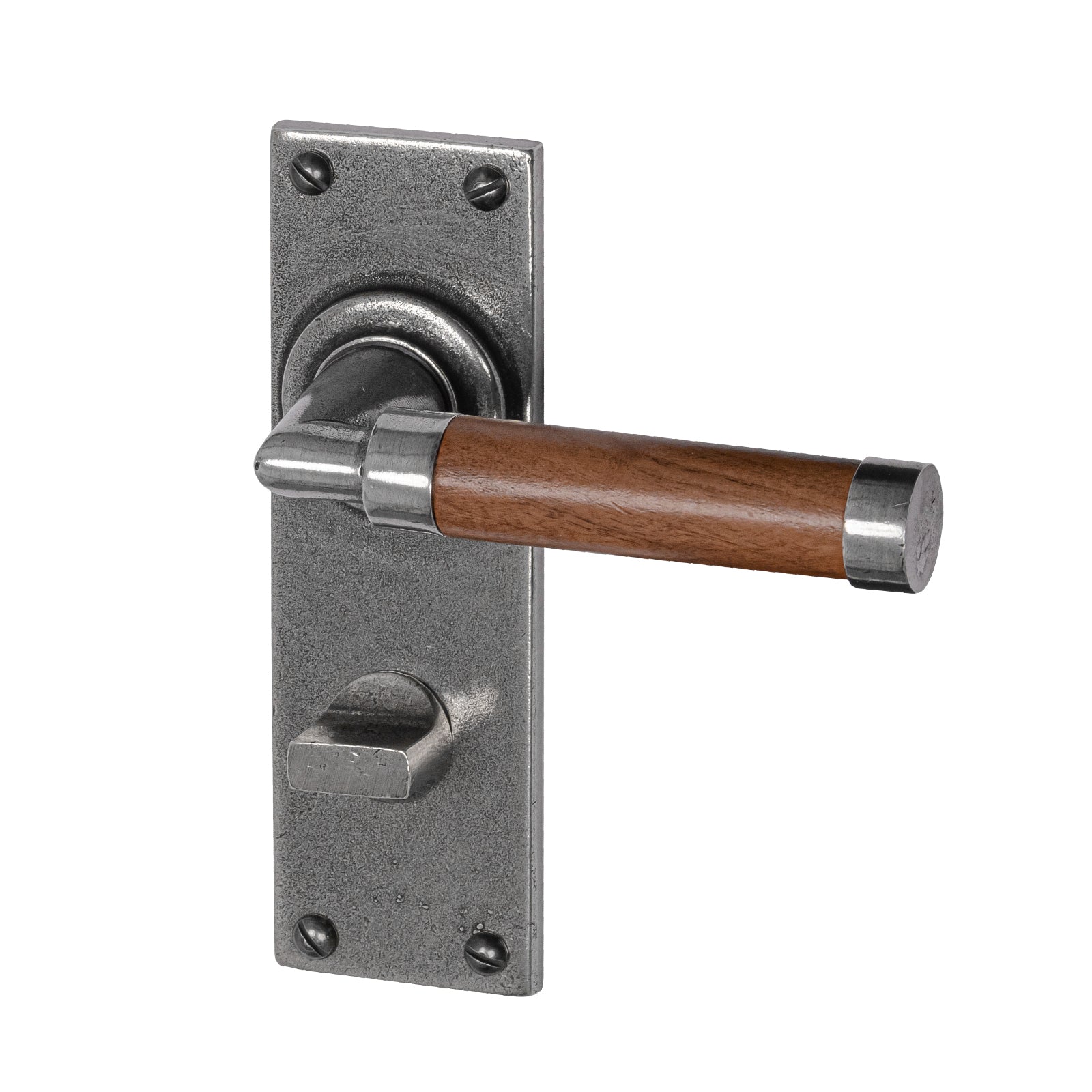 Milton Pewter Door Handles On Narrow Backplate Walnut bathroom