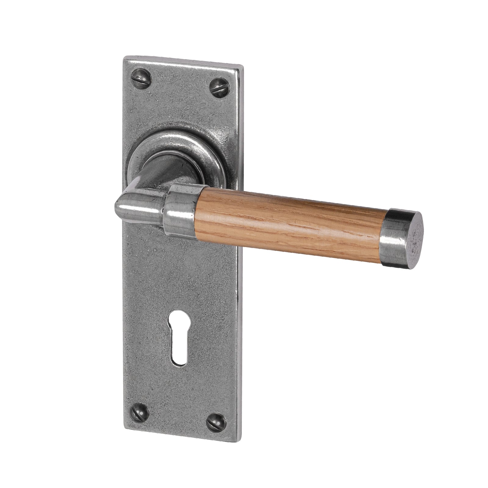 Milton Pewter Door Handles On Narrow Backplate Oak lock