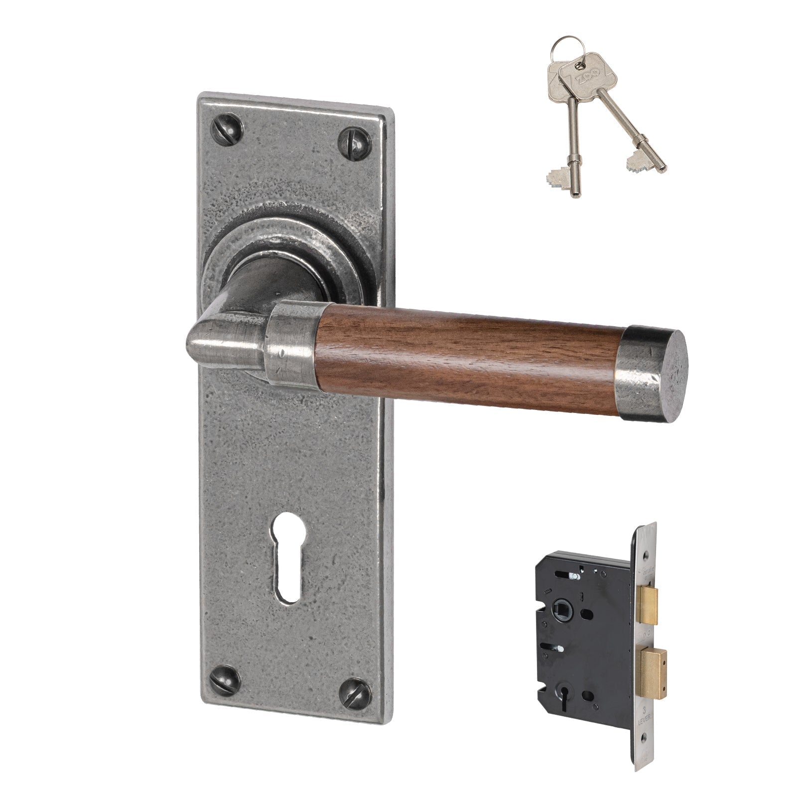 Milton Pewter Door Handles On Narrow Backplate Walnut 3 lever set