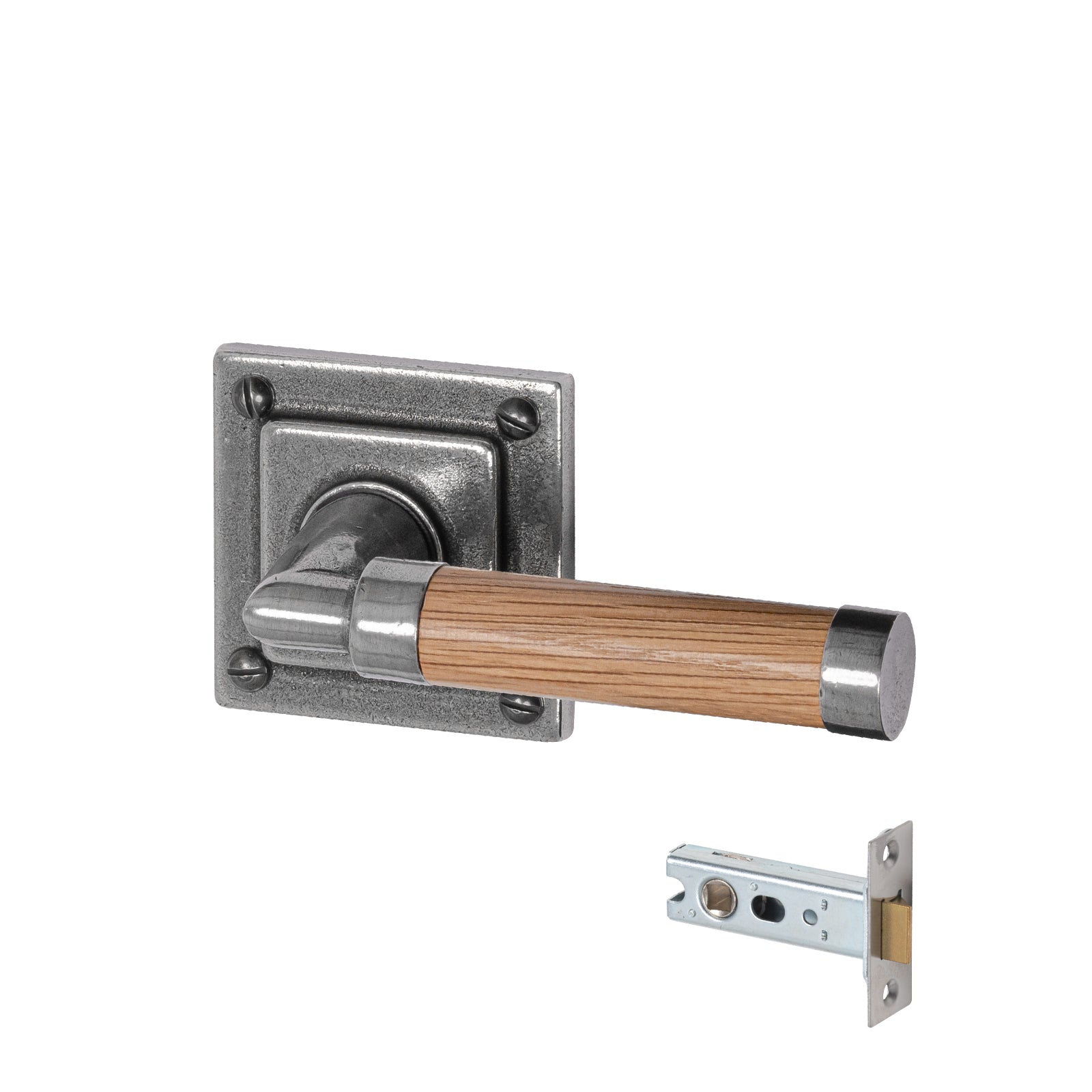 Milton Pewter Door Handles On square Rose Oak latch set