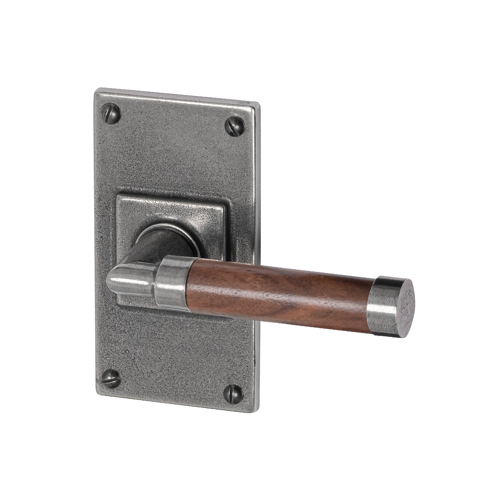 pewter door handles, latch handles, Finesse pewter, Jesmond backplate, pewter and walnut handles, lever on backplate door handles