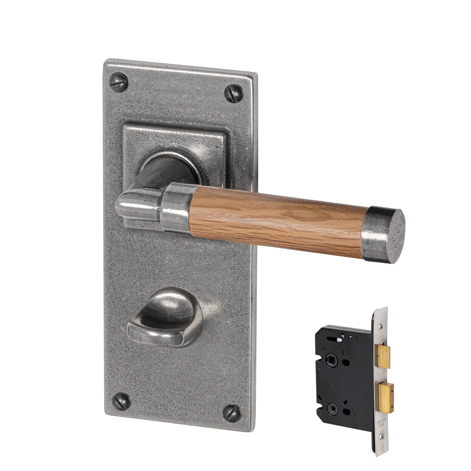 pewter door handles, latch handles, Finesse pewter, Jesmond backplate, pewter and oak handles, lever on backplate door handles