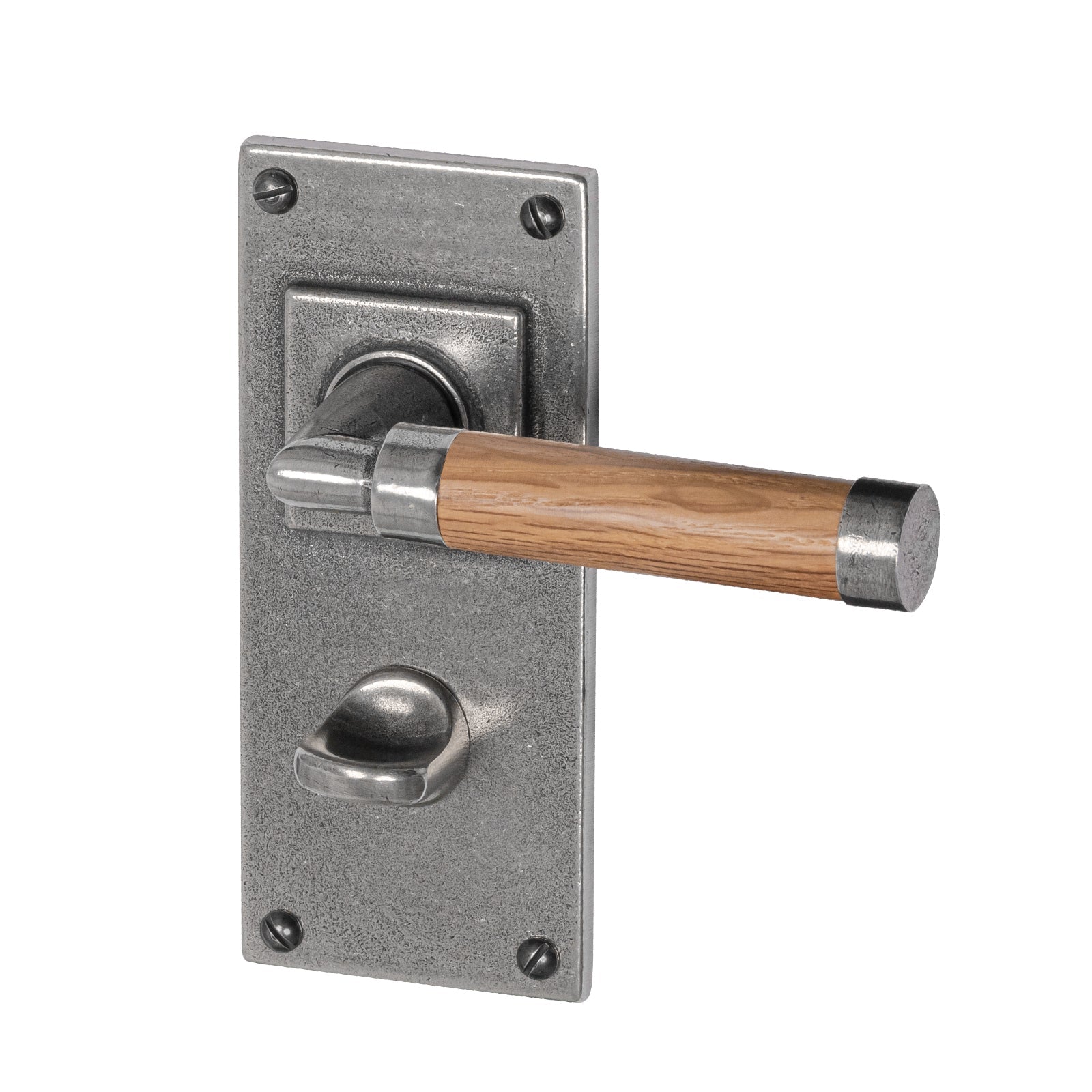 pewter door handles, latch handles, Finesse pewter, Jesmond backplate, pewter and oak handles, lever on backplate door handles