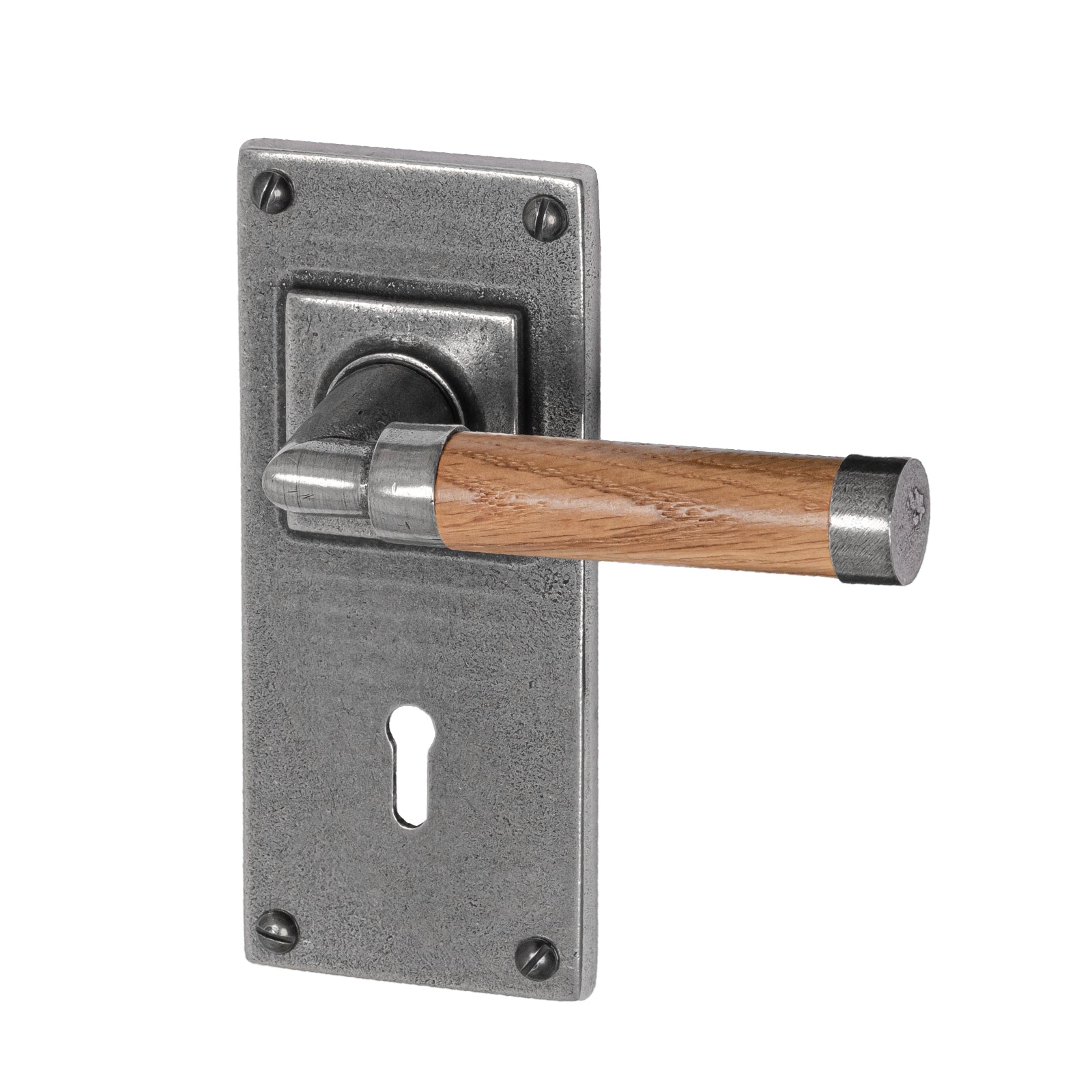 pewter door handles, latch handles, Finesse pewter, Jesmond backplate, pewter and oak handles, lever on backplate door handles