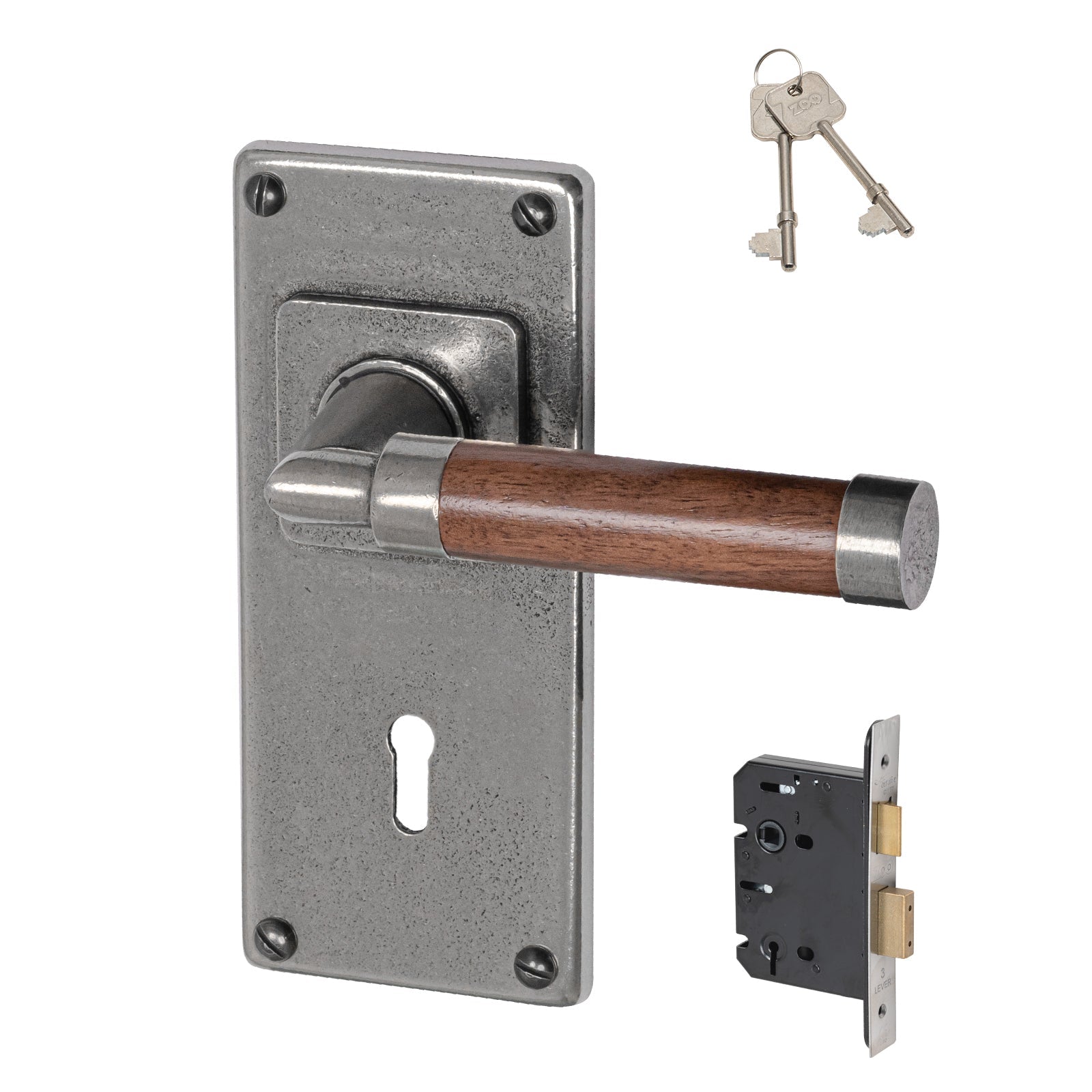 pewter door handles, latch handles, Finesse pewter, Jesmond backplate, pewter and walnut handles, lever on backplate door handles