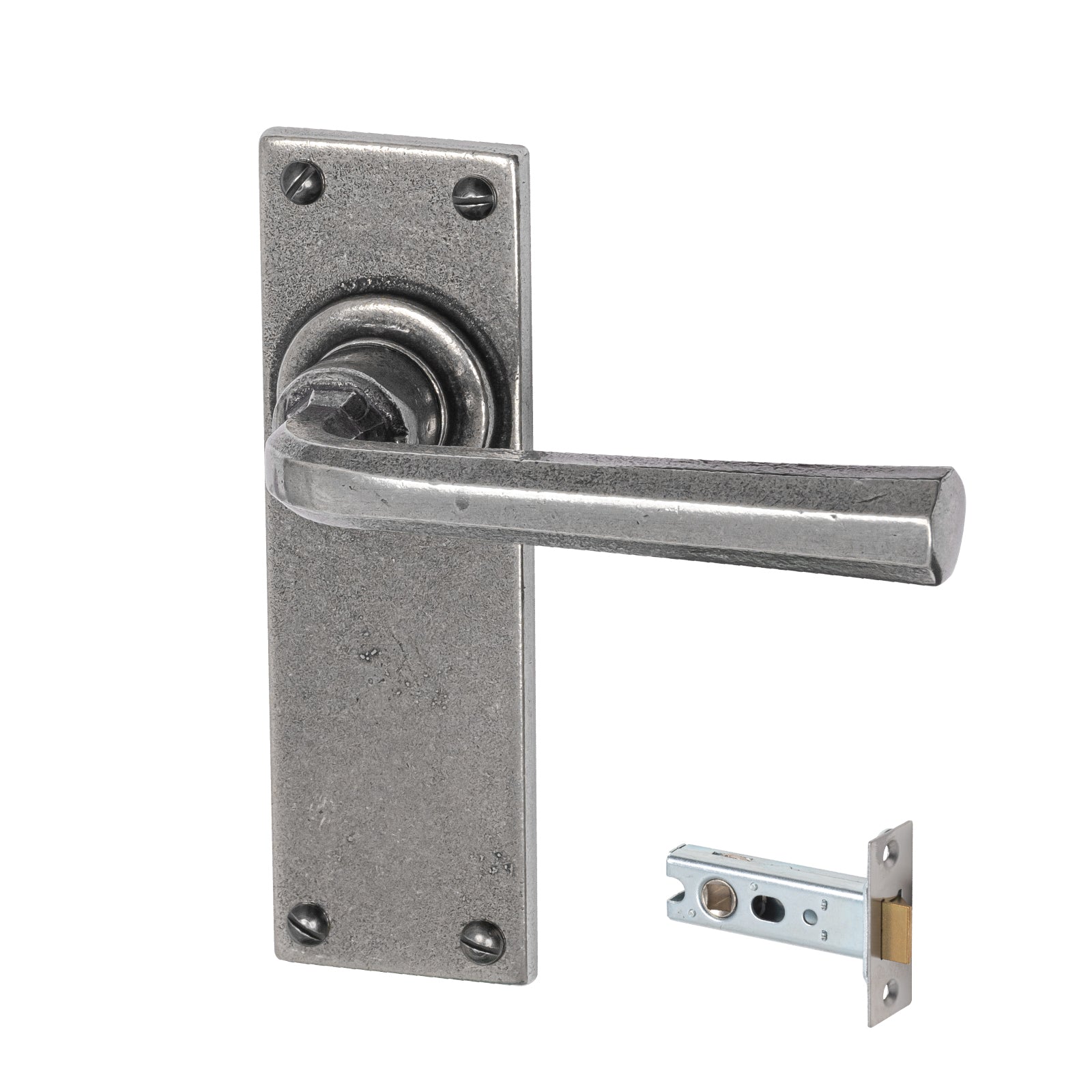 Tunstall Pewter Door Handles On Narrow Backplate latch set