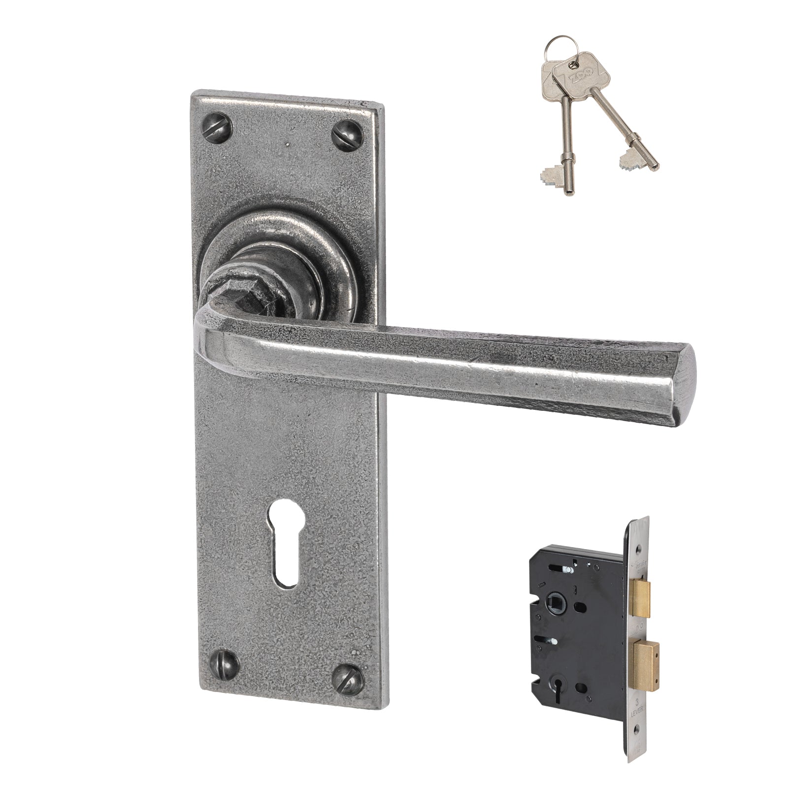 Tunstall Pewter Door Handles On Narrow Backplate 3 lever lock set