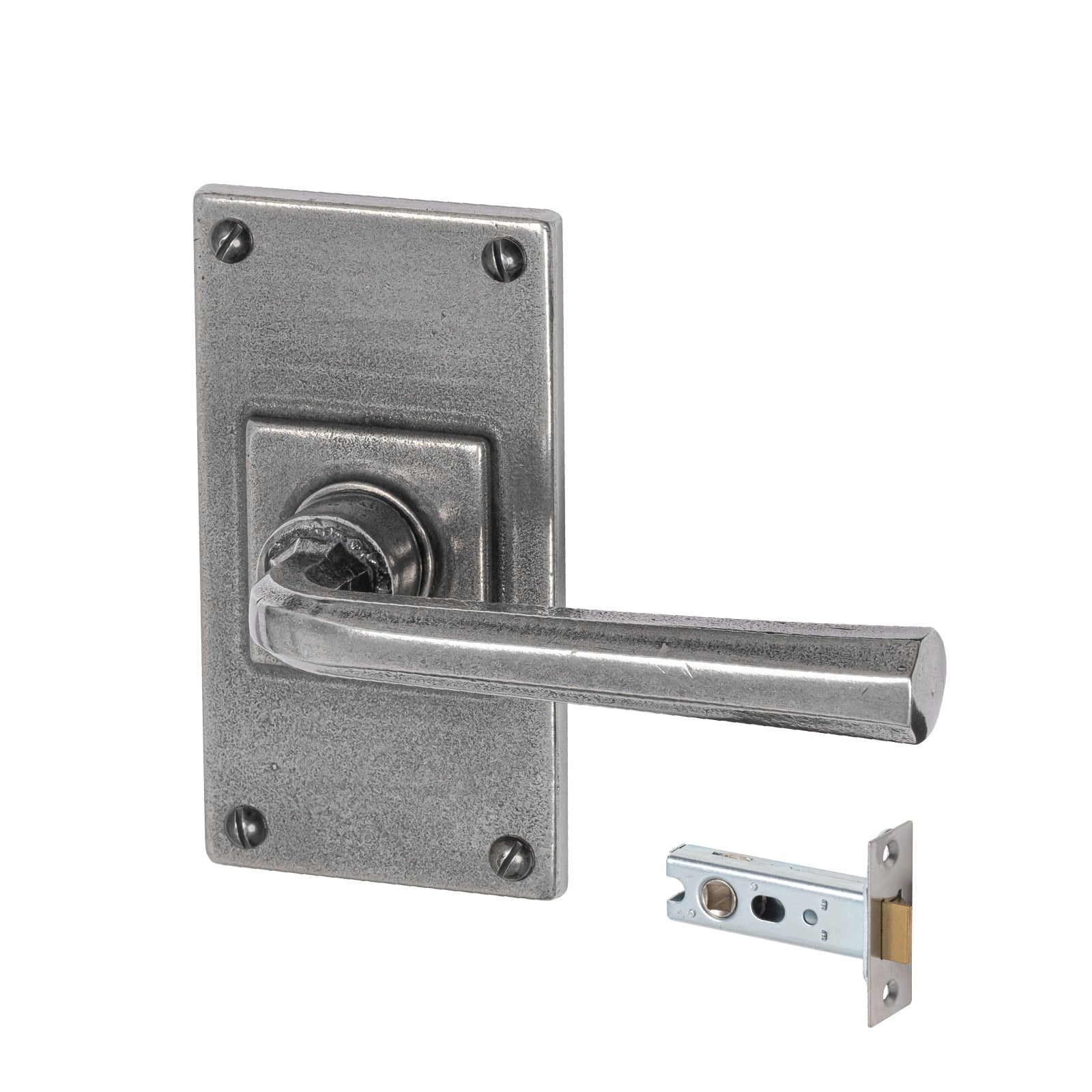 Tunstall Pewter Door Handles On Wide Backplate short latch set