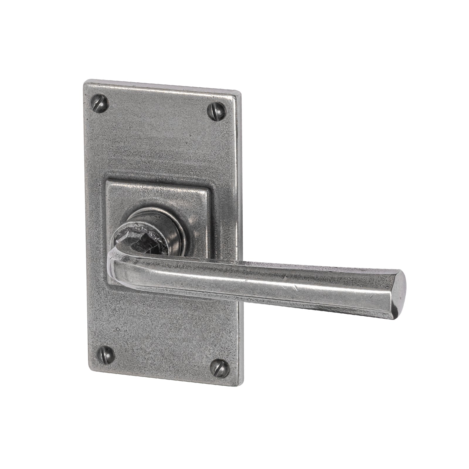 Tunstall Pewter Door Handles On Wide Backplate short latch