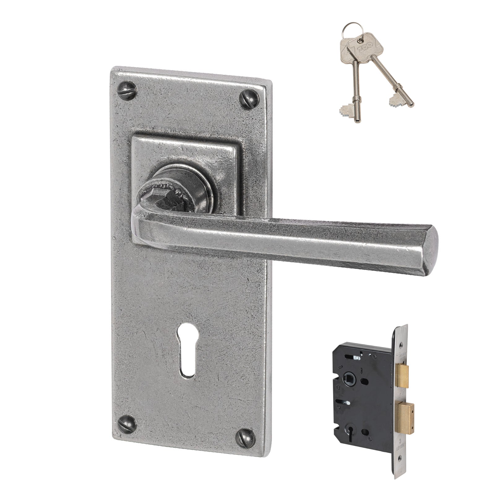 Tunstall Pewter Door Handles On Wide Backplate 3 lever lock set