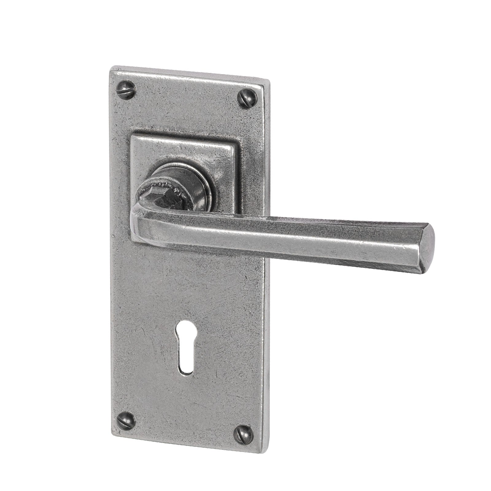 Tunstall Pewter Door Handles On Wide Backplate lock