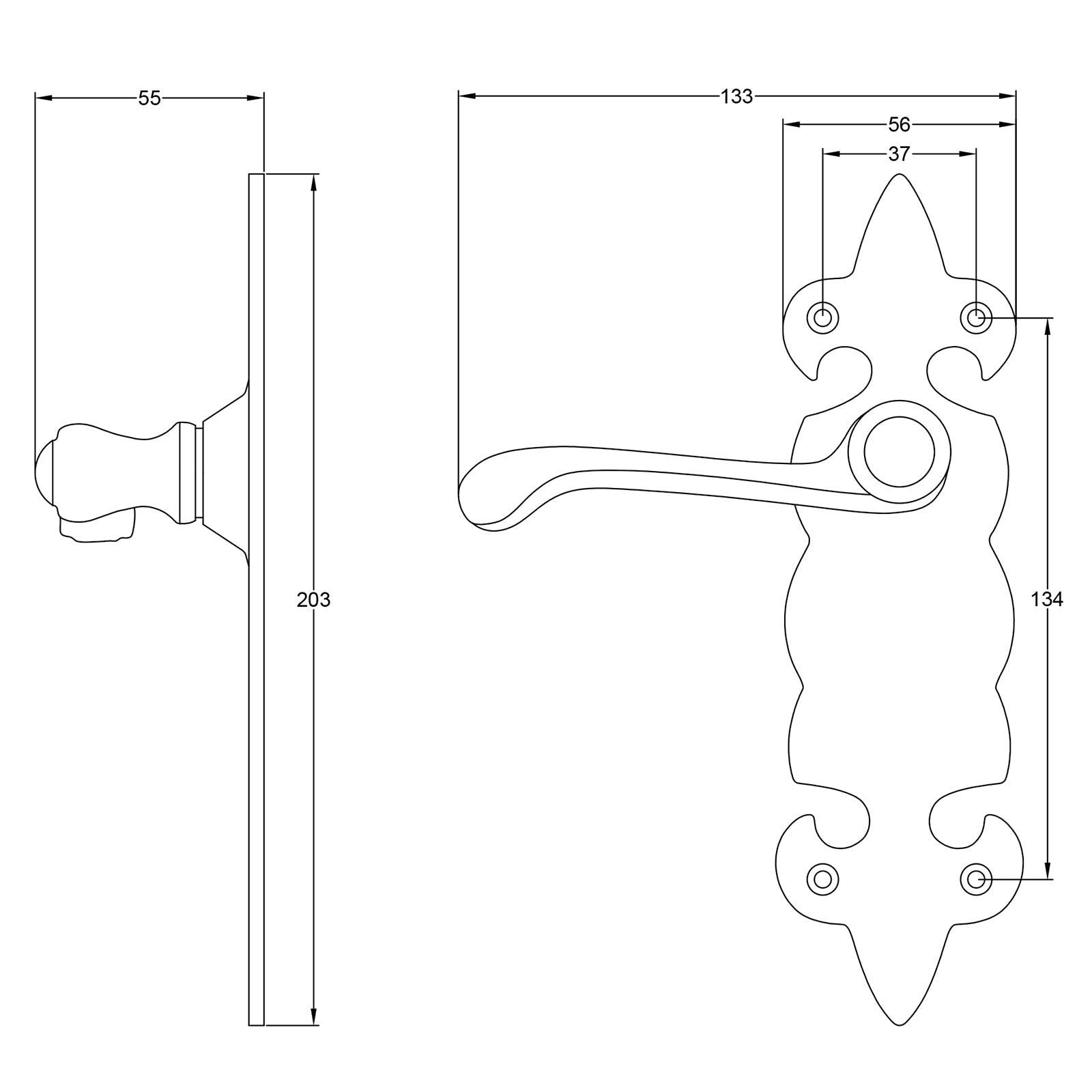 Fleur De Lis Door Handle dimension drawing SHOW