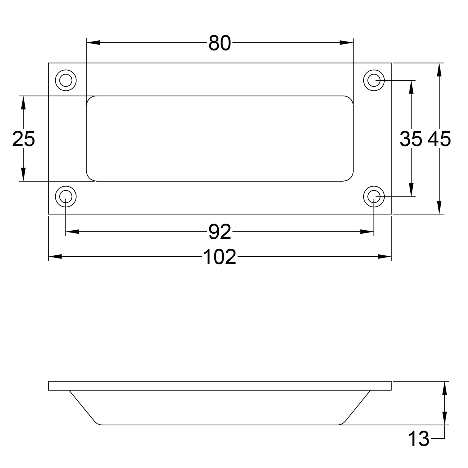 Dimension drawing for flush pull handle SHOW