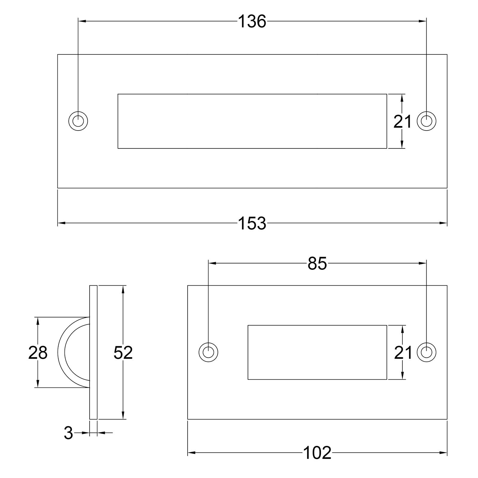 Traditional Flush Pull Handle Dimension Drawing SHOW