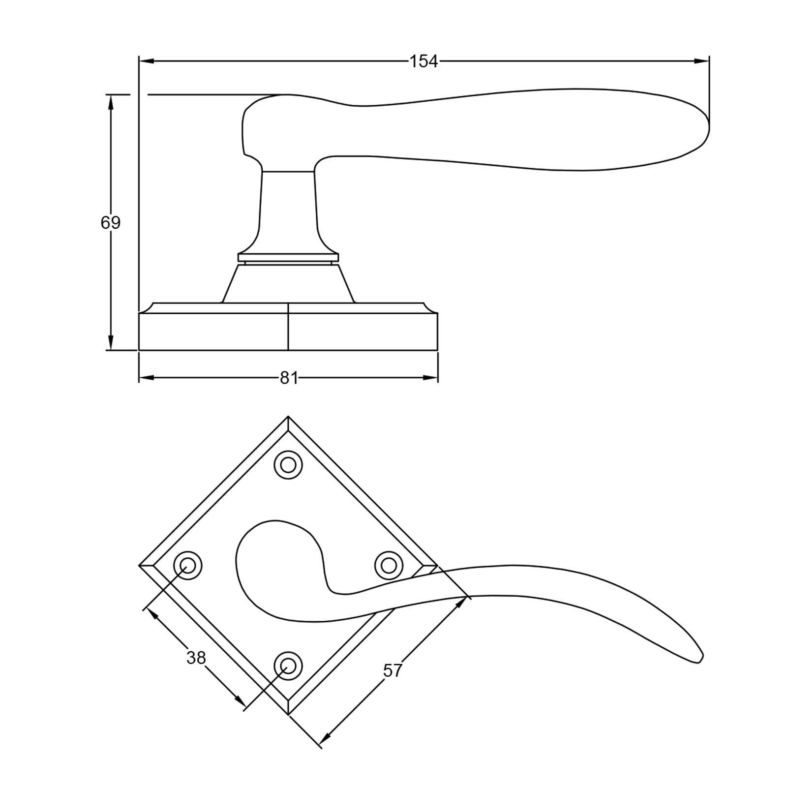 Fly lever on rose bronze door handles dimension drawing SHOW