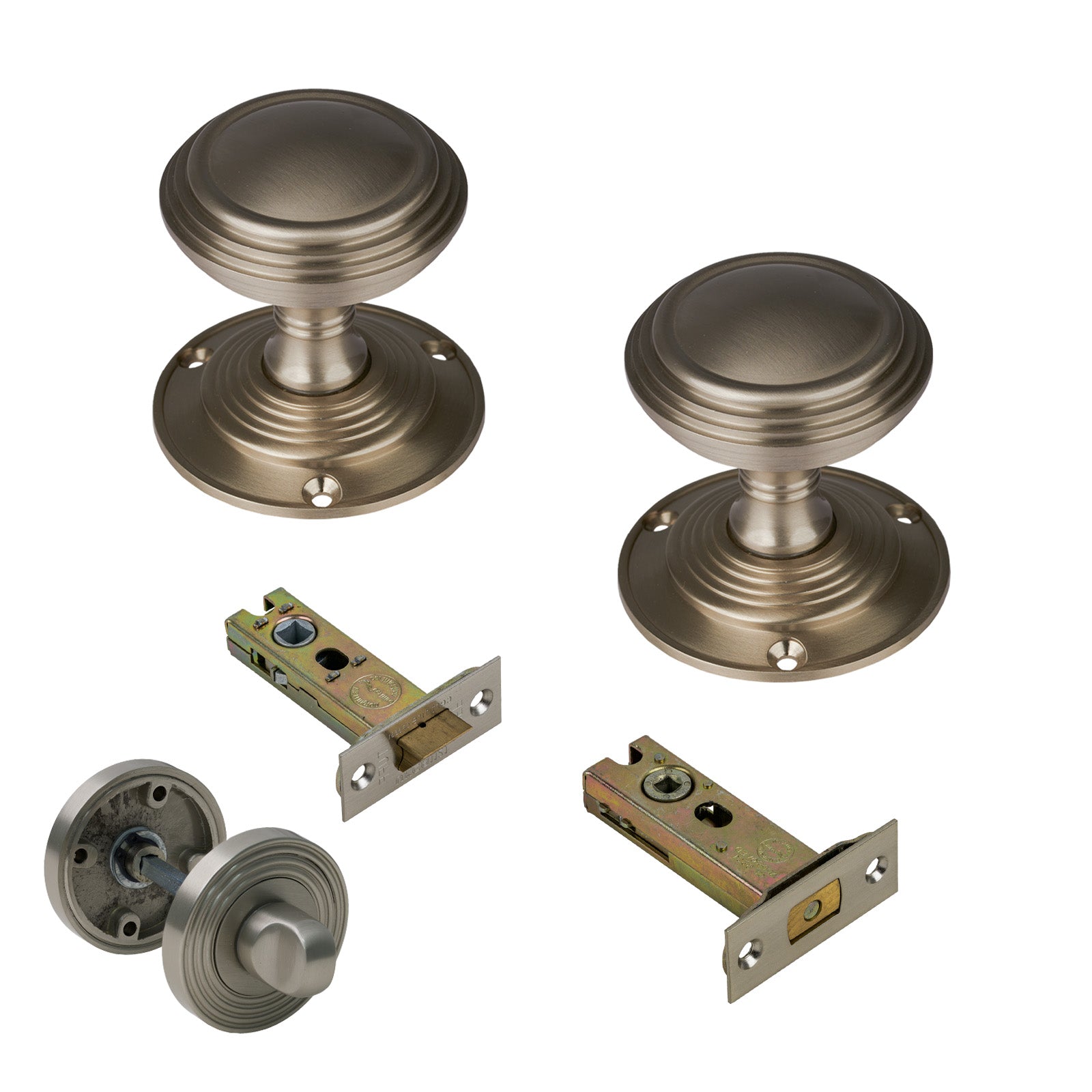 Goodrich Door Knob on Rose with Satin Nickel 3 inch bathroom set