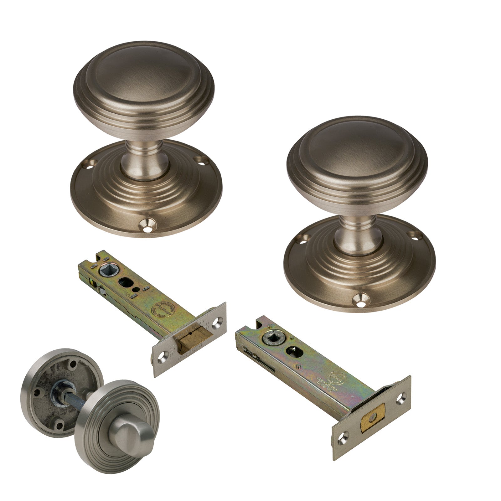 Goodrich Door Knob on Rose with Satin Nickel 4 inch bathroom set