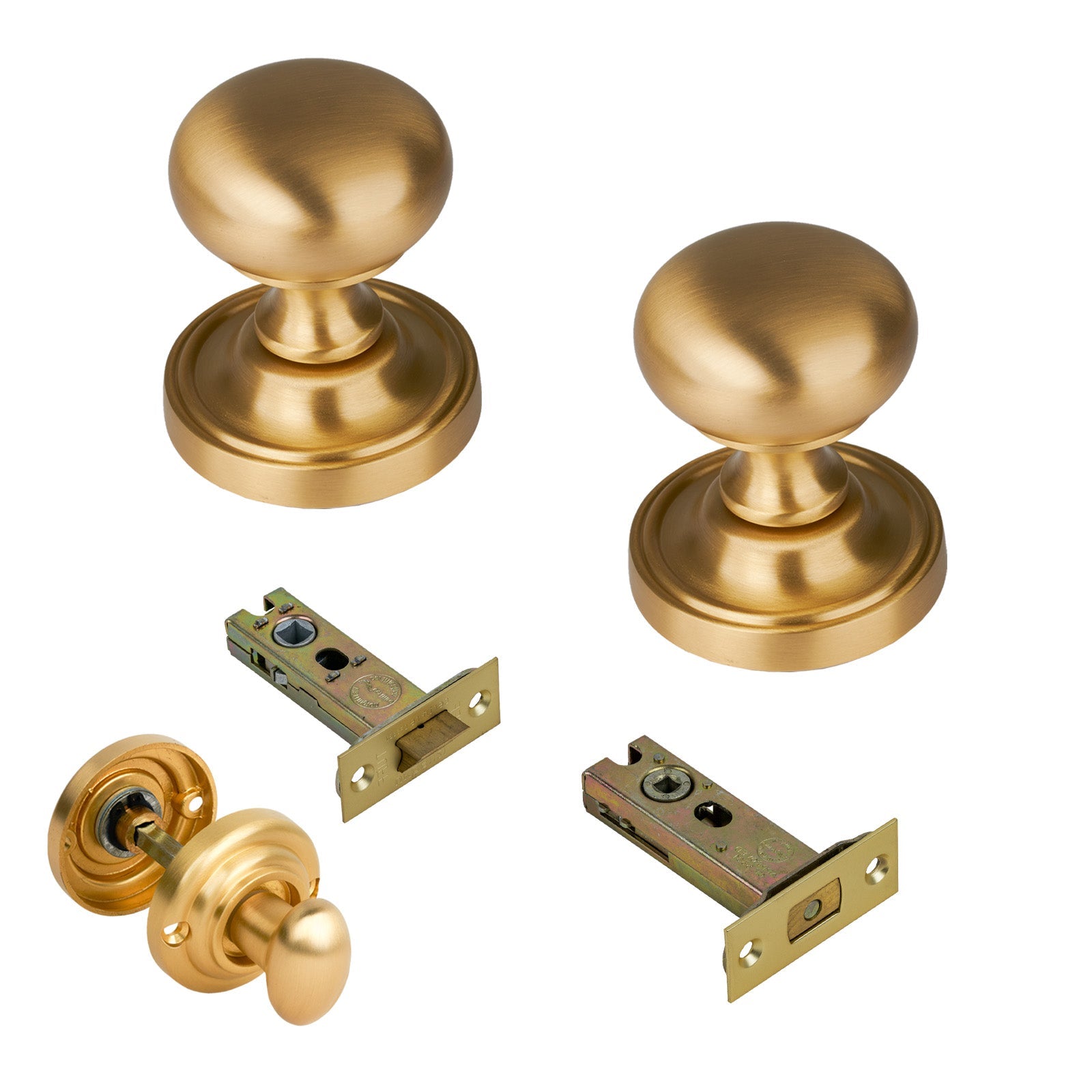 Hampstead Door Knob on Rose with Satin Brass 3 inch bathroom set