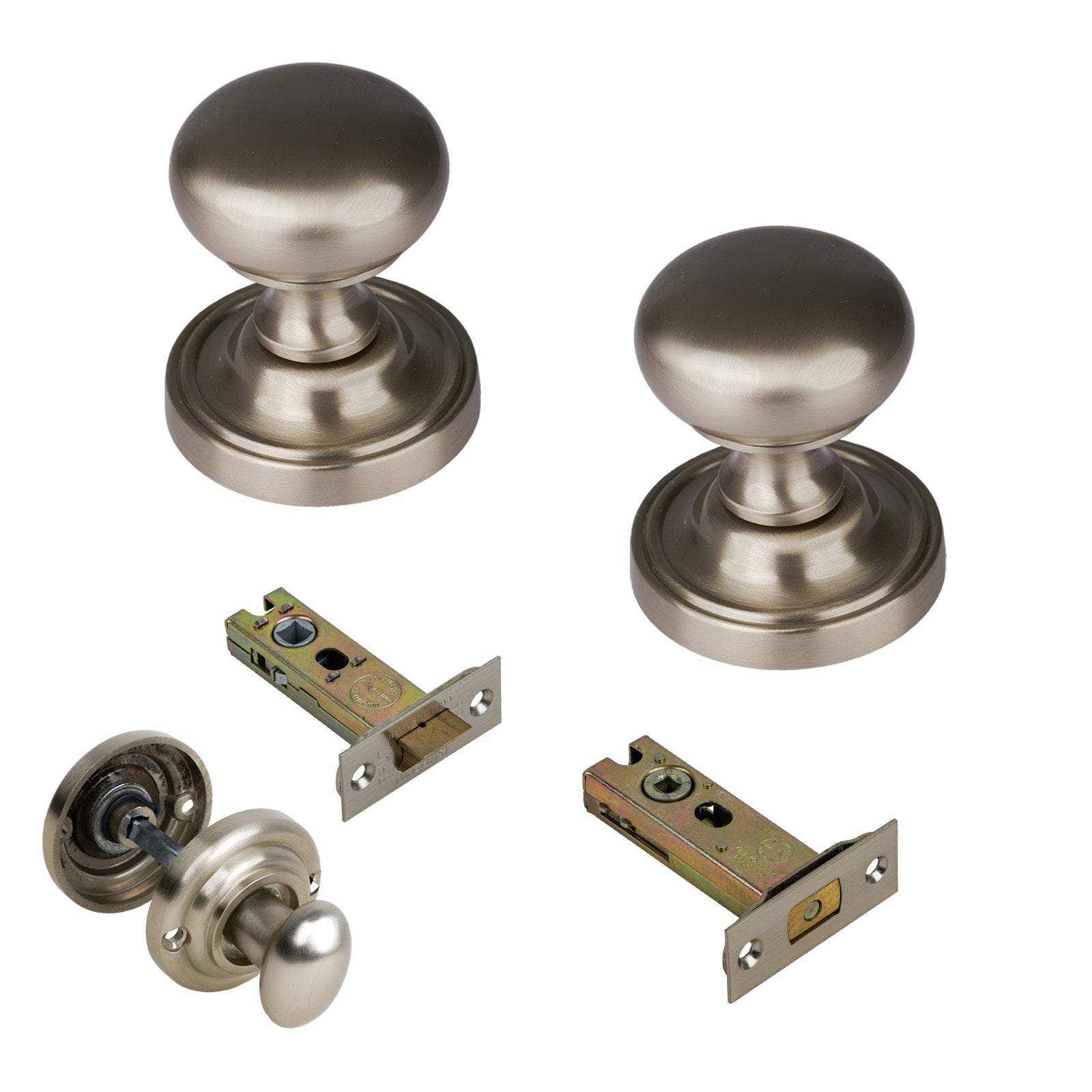 Hampstead Door Knob on Rose with Satin Nickel 3 inch bathroom set