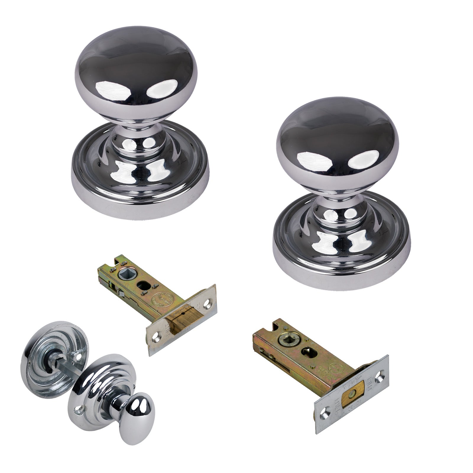 Hampstead Door Knob on Rose with Polished Chrome 3 inch bathroom set