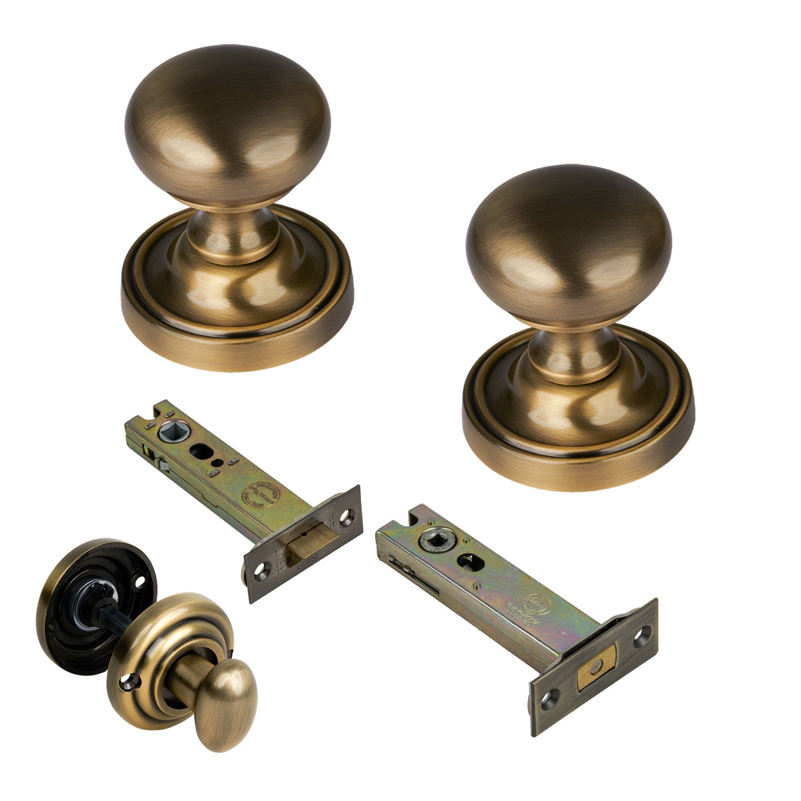 Hampstead Door Knob on Rose with Aged Brass 4 inch bathroom set