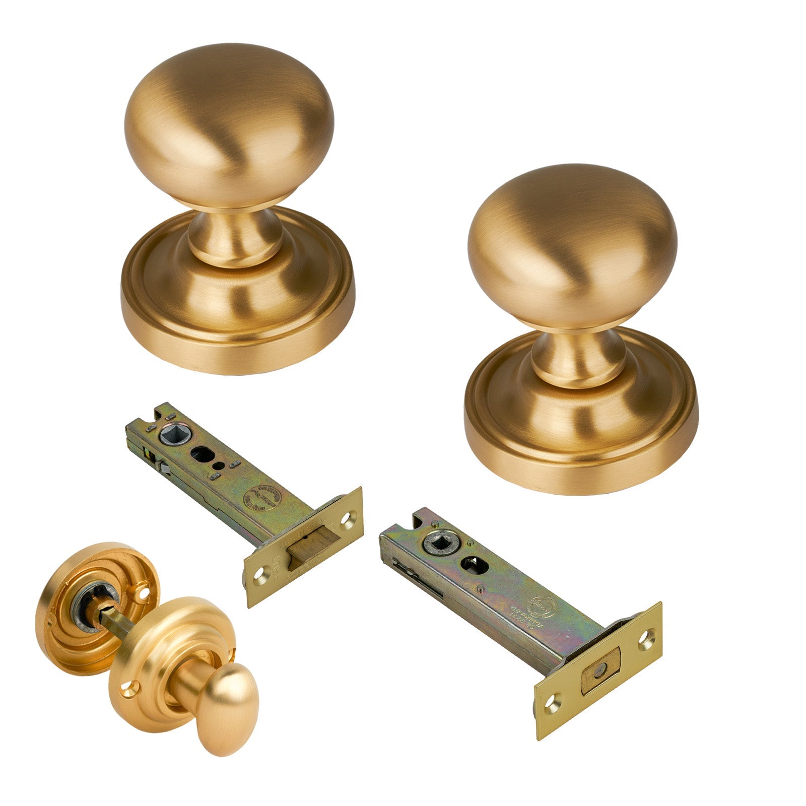 Hampstead Door Knob on Rose with Satin Brass 4 inch bathroom set