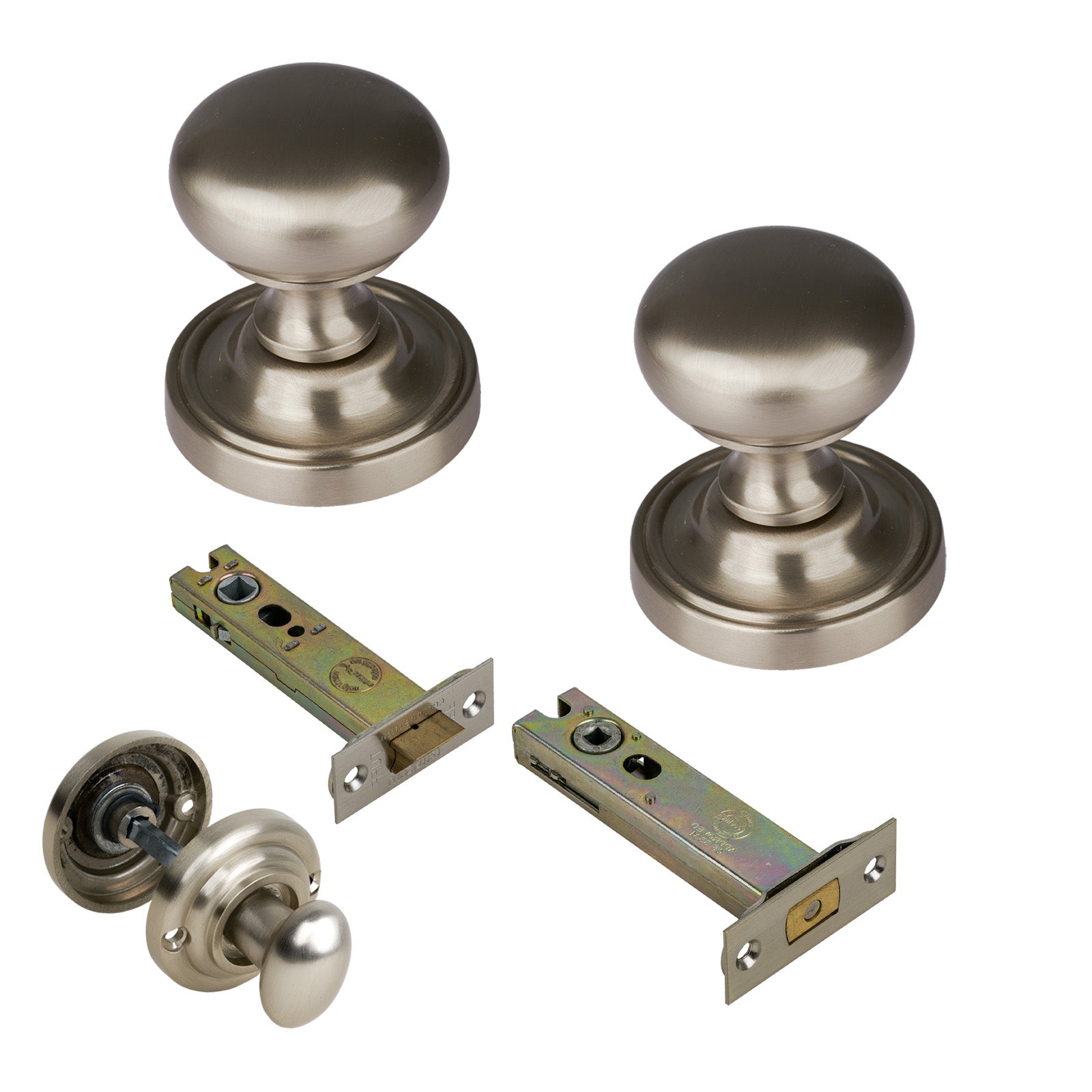 Hampstead Door Knob on Rose with Satin Nickel 4 inch bathroom set