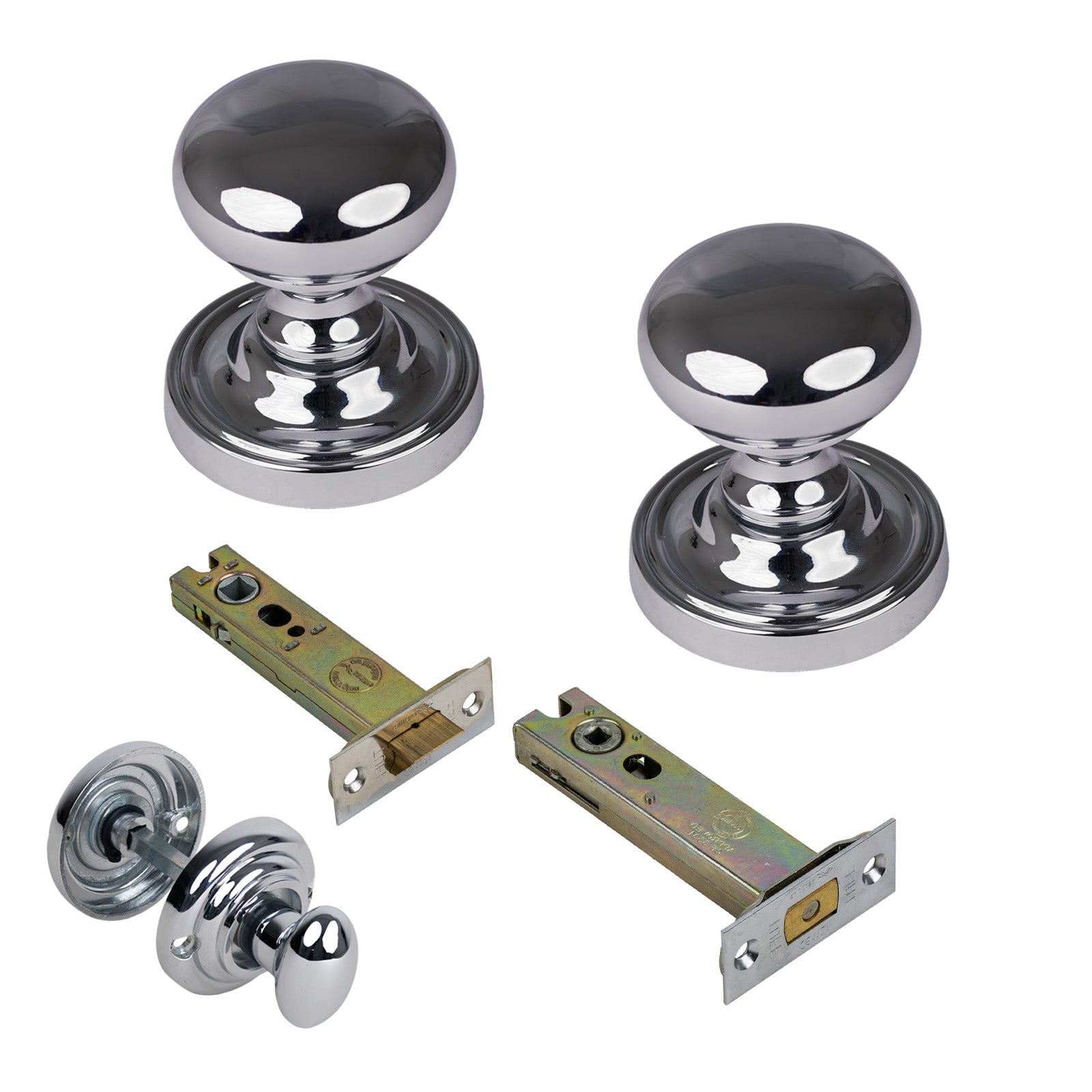 Hampstead Door Knob on Rose with Polished Chrome 4 inch bathroom set