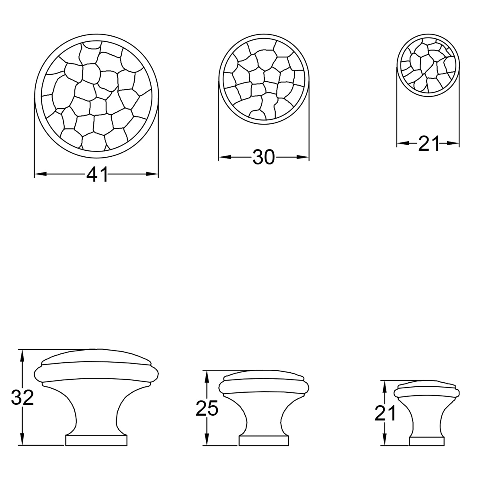 Cast Iron Hammered cabinet knobs dimension drawing SHOW