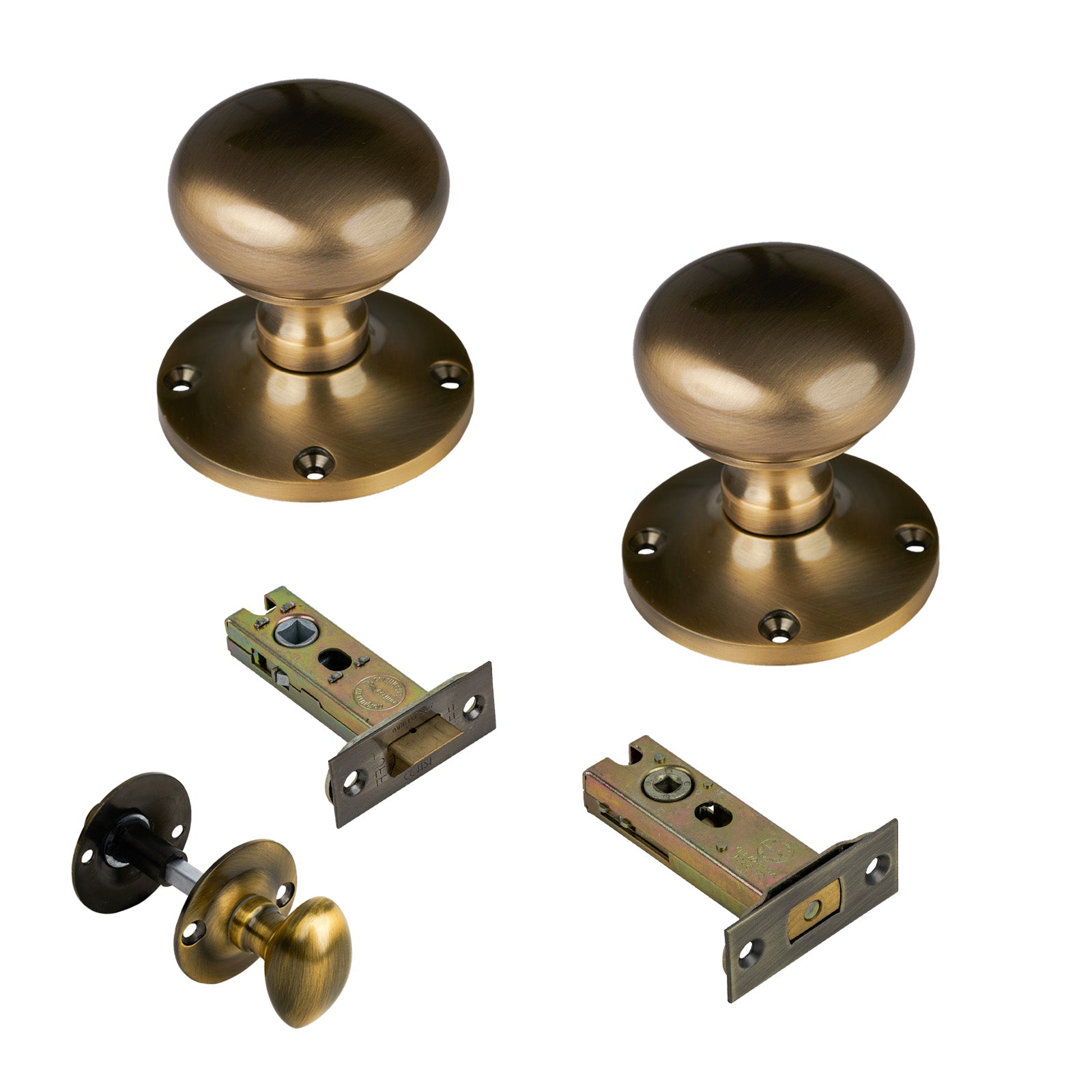 Kensington Door Knob on Rose with Aged Brass 3 inch bathroom set