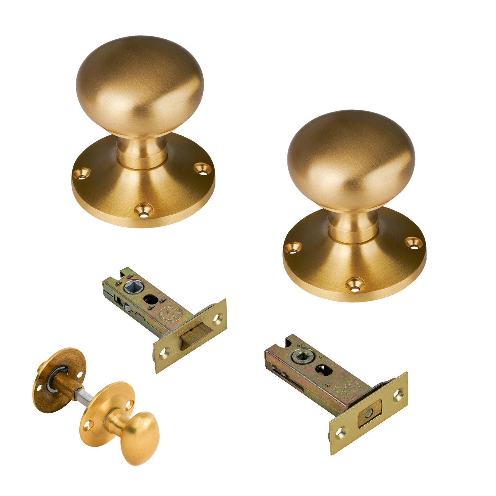 Kensington Door Knob on Rose with Satin Brass 3 inch bathroom set