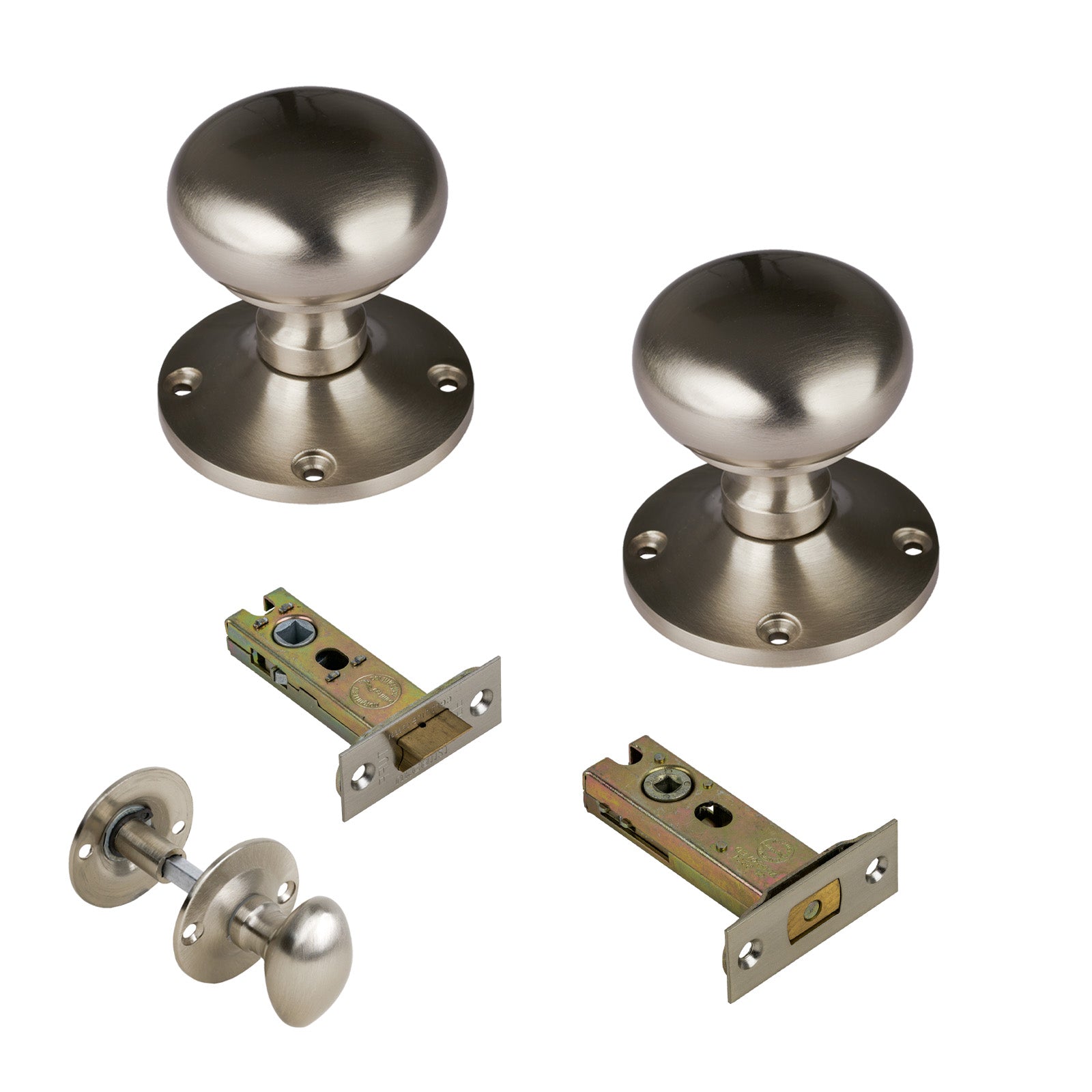 Kensington Door Knob on Rose with Satin Nickel 3 inch bathroom set