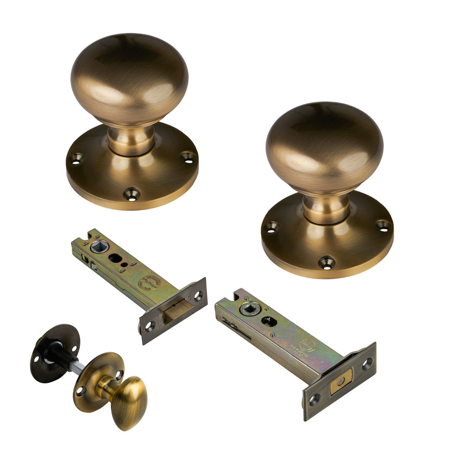 Kensington Door Knob on Rose with Aged Brass 4 inch bathroom set