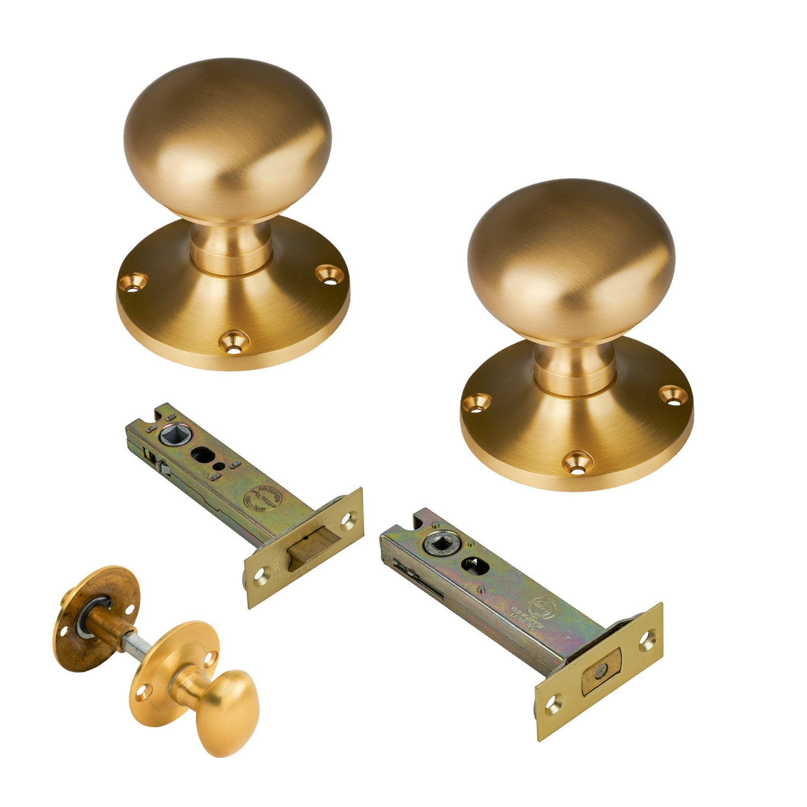 Kensington Door Knob on Rose with Satin Brass 4 inch bathroom set