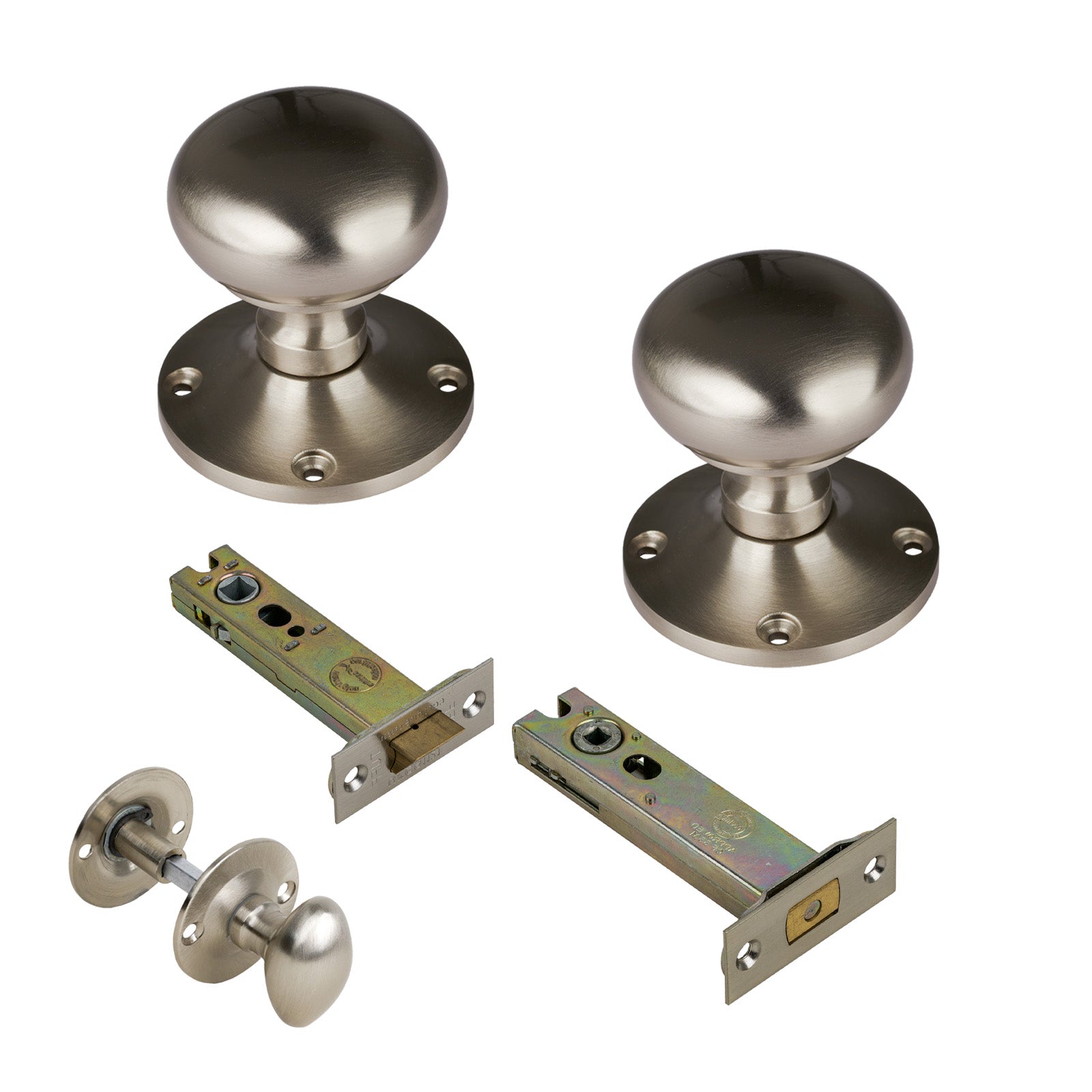 Kensington Door Knob on Rose with Satin Nickel 4 inch bathroom set