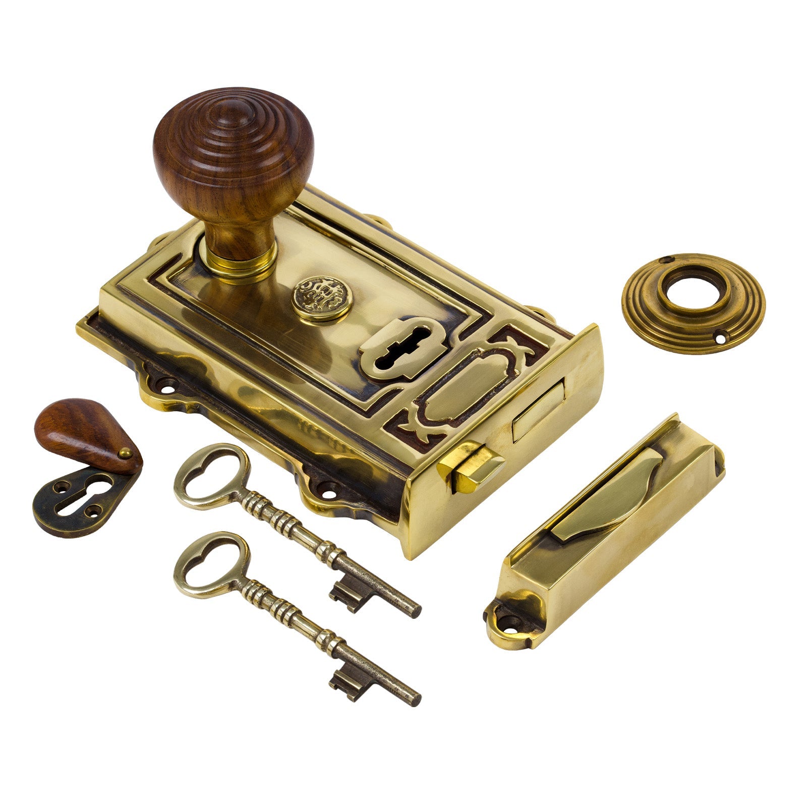 SHOW Image of Ornate Antique Brass Rim Lock with Ringed Door Knob Set - Rosewood