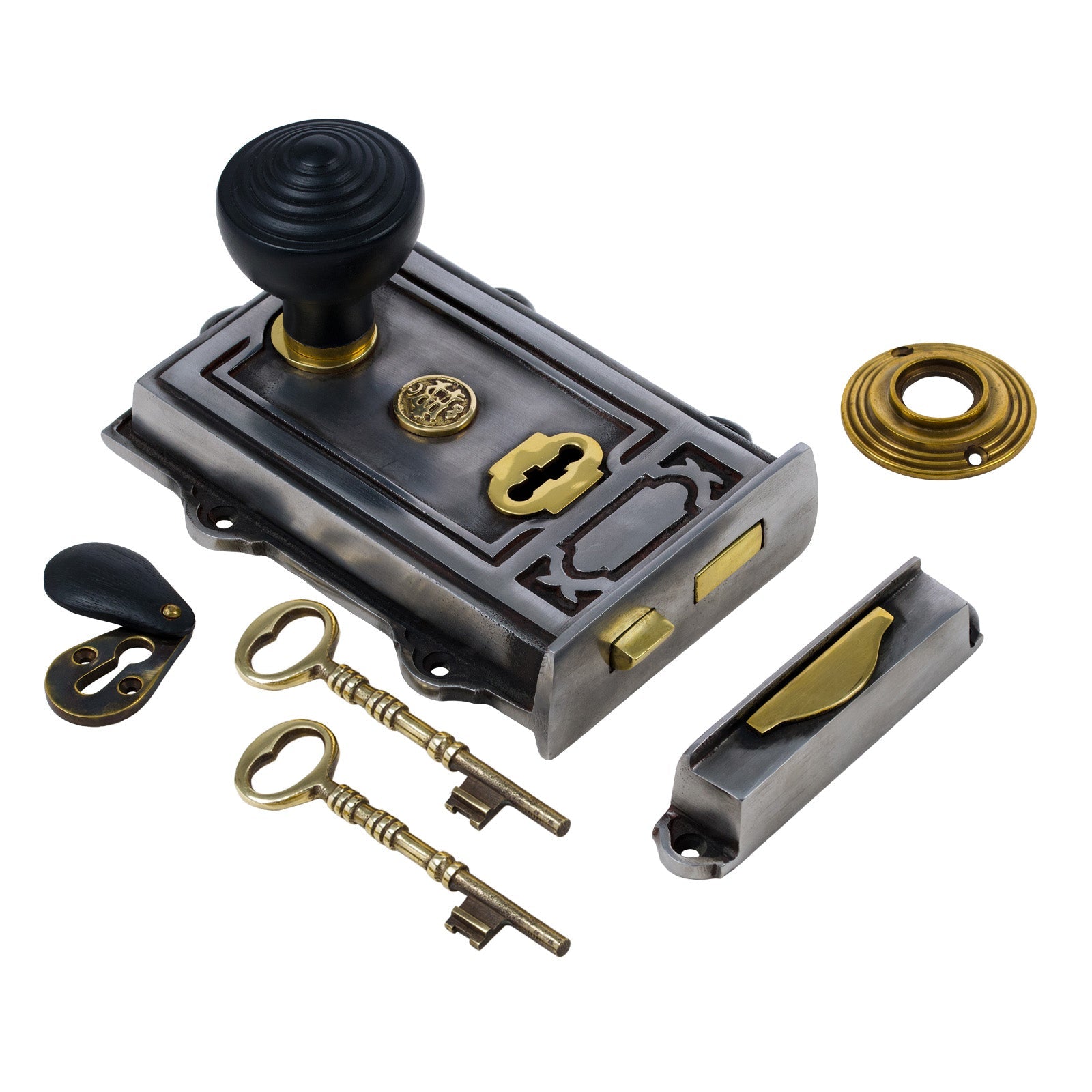 SHOW Image of Ornate Iron Rim Lock with Ringed Door Knob Set - Ebonised