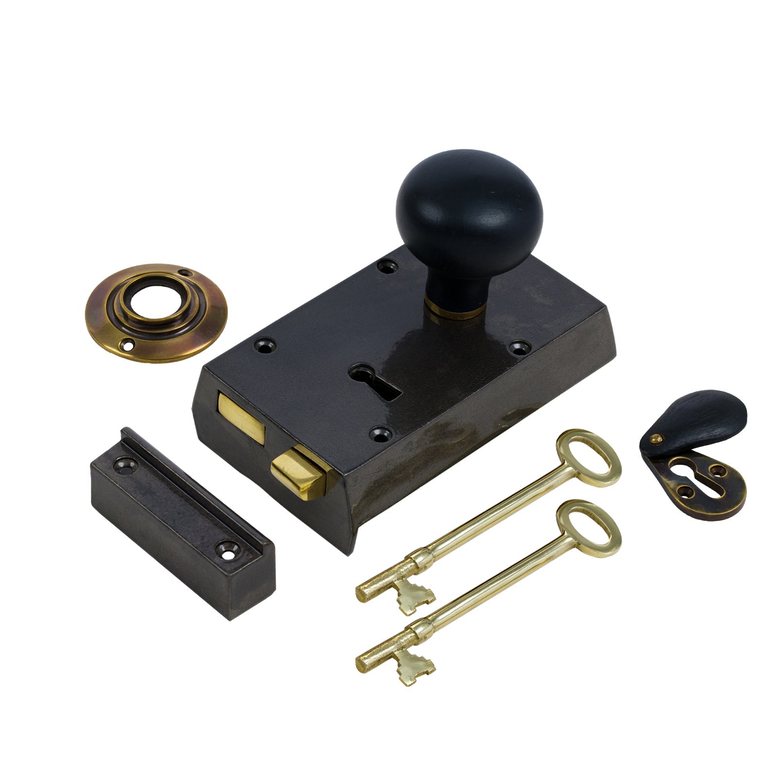 SHOW Right Handed Small Cast Iron Rim Lock With Bun Door Knob Set - Ebonised