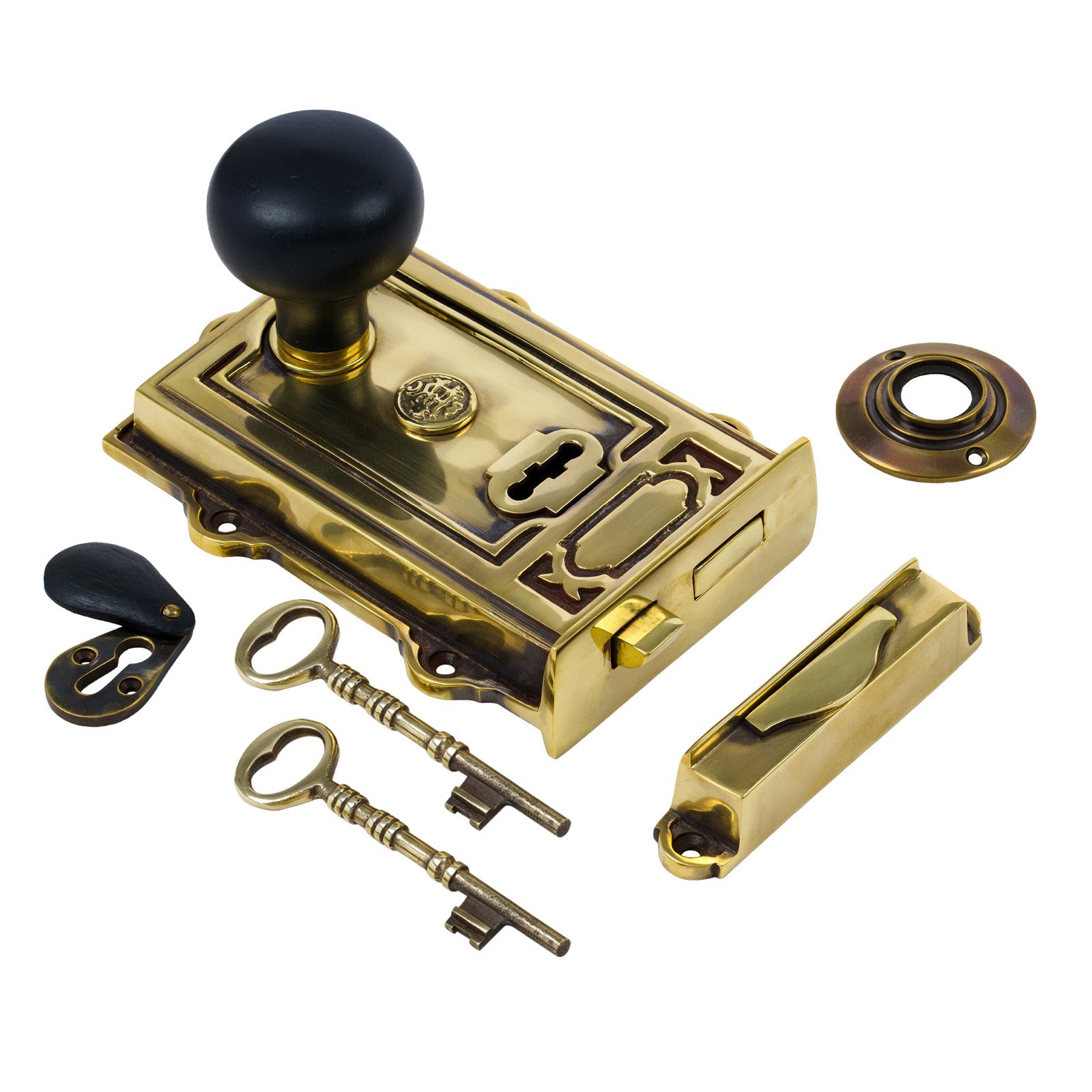 Ornate Antique Brass Rim Lock & Knob Sets