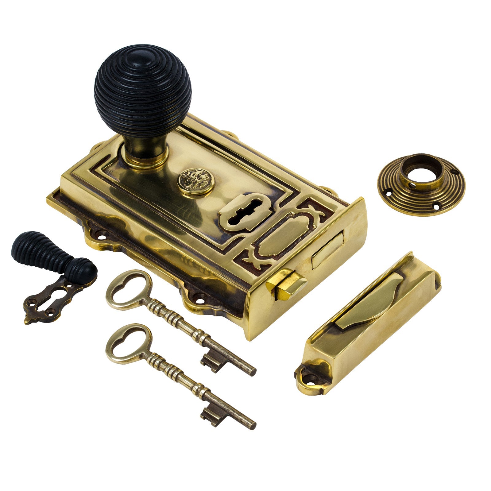 Ornate Antique Brass Rim Lock & Knob Sets