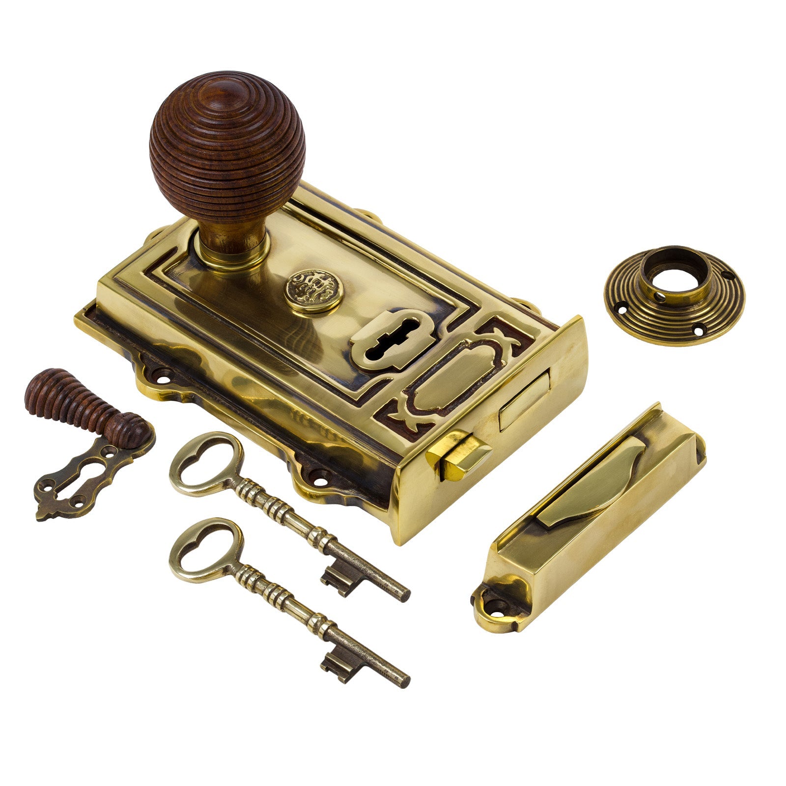 Ornate Antique Brass Rim Lock & Knob Sets